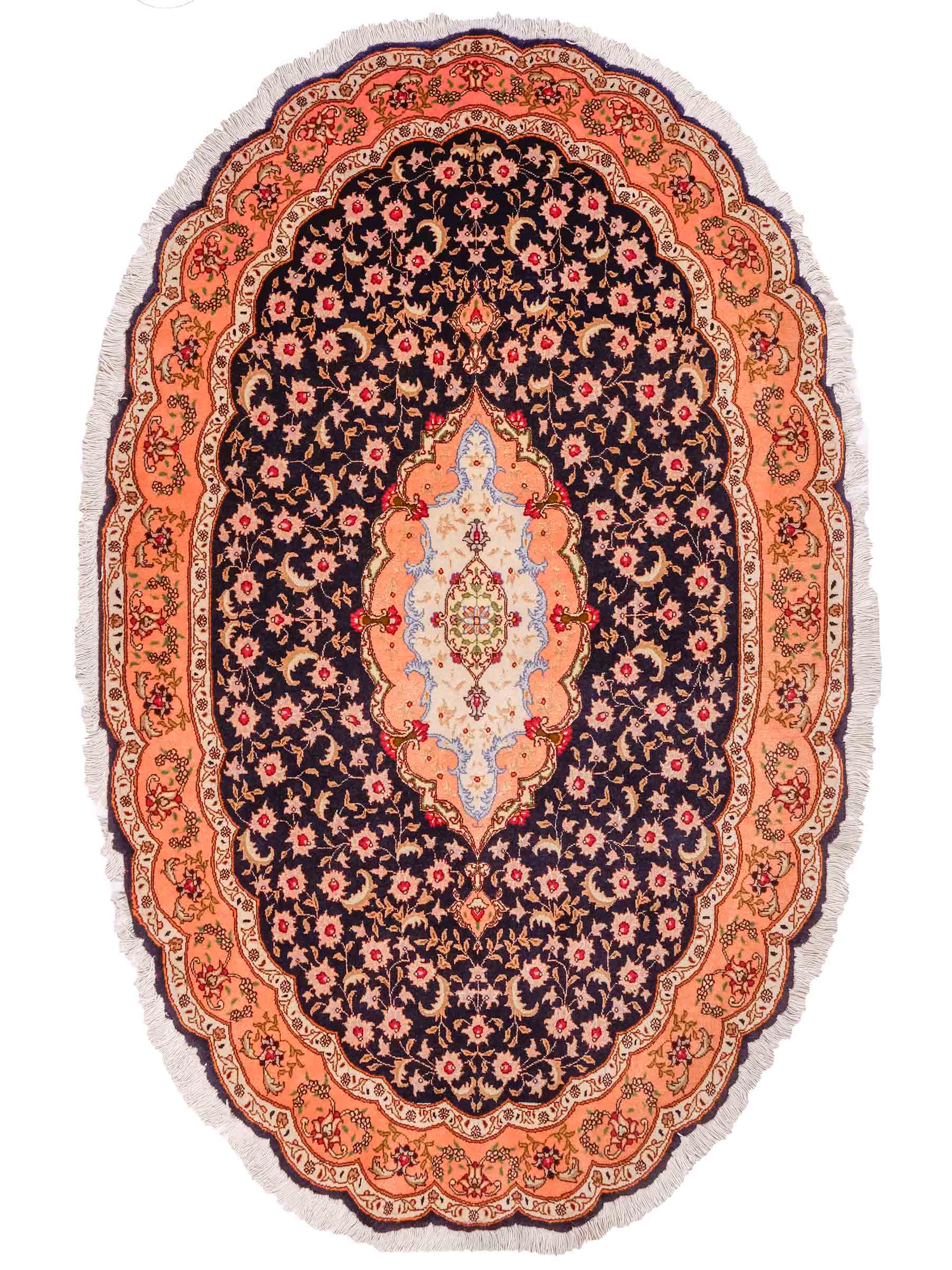 Ovaler, handgeknüpfter Vintage Täbriz 50 Raj Perserteppich von Khademi aus Wolle mit Seide, orange-navy. Persischer Orientteppich. Von Hand geknüpft in Iran. Größe: 159 cm x 91 cm. Teppichnummer: SB3-1049. Verkauf durch Jupiter Intl.