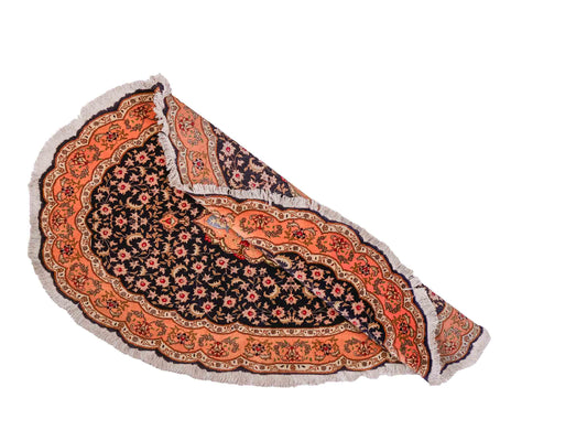 Ovaler, handgeknüpfter Vintage Täbriz 50 Raj Perserteppich von Khademi aus Wolle mit Seide, orange-navy. Persischer Orientteppich. Von Hand geknüpft in Iran. Größe: 159 cm x 91 cm. Teppichnummer: SB3-1049. Verkauf durch Jupiter Intl.