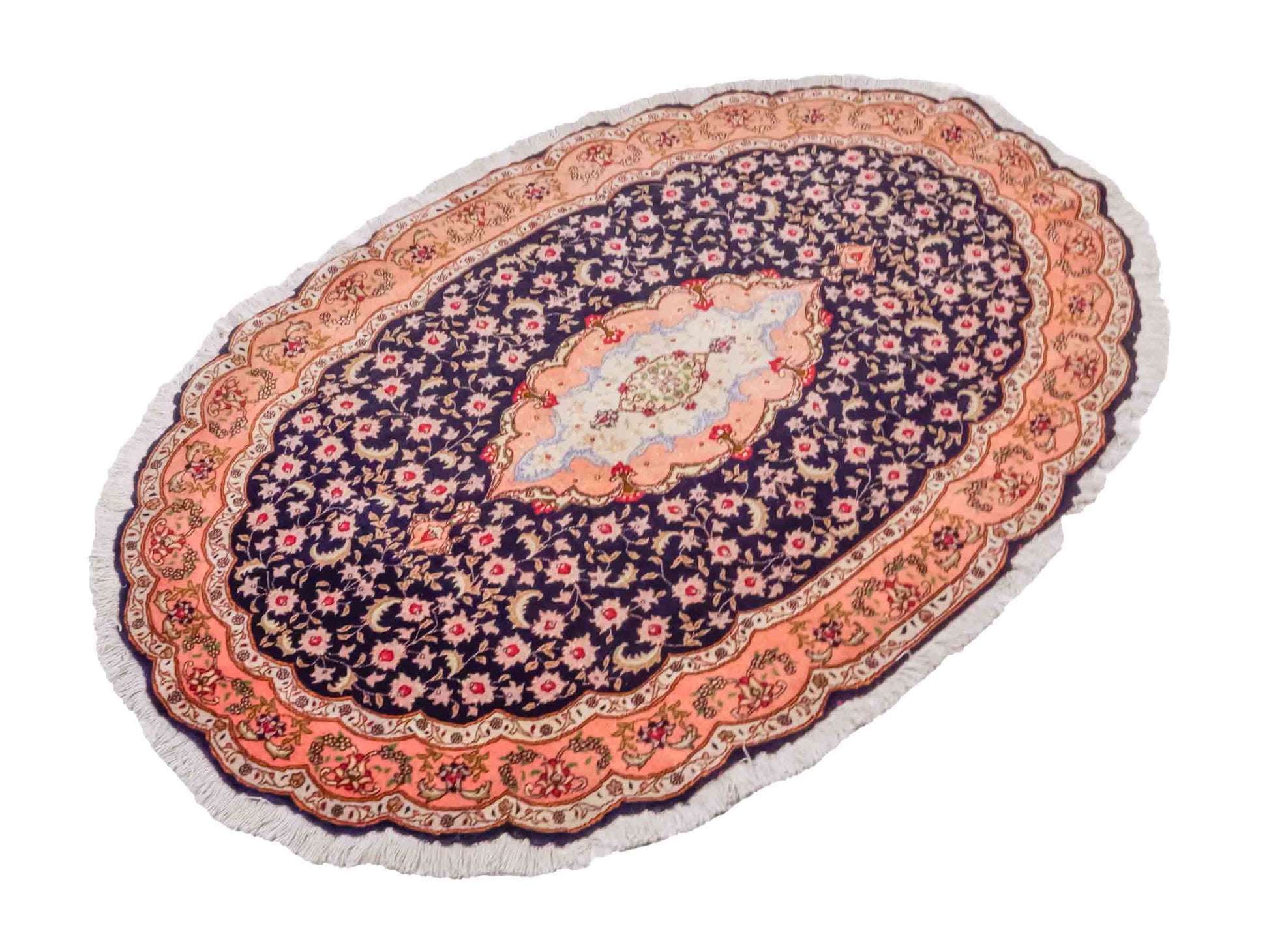 Ovaler, handgeknüpfter Vintage Täbriz 50 Raj Perserteppich von Khademi aus Wolle mit Seide, orange-navy. Persischer Orientteppich. Von Hand geknüpft in Iran. Größe: 159 cm x 91 cm. Teppichnummer: SB3-1049. Verkauf durch Jupiter Intl.