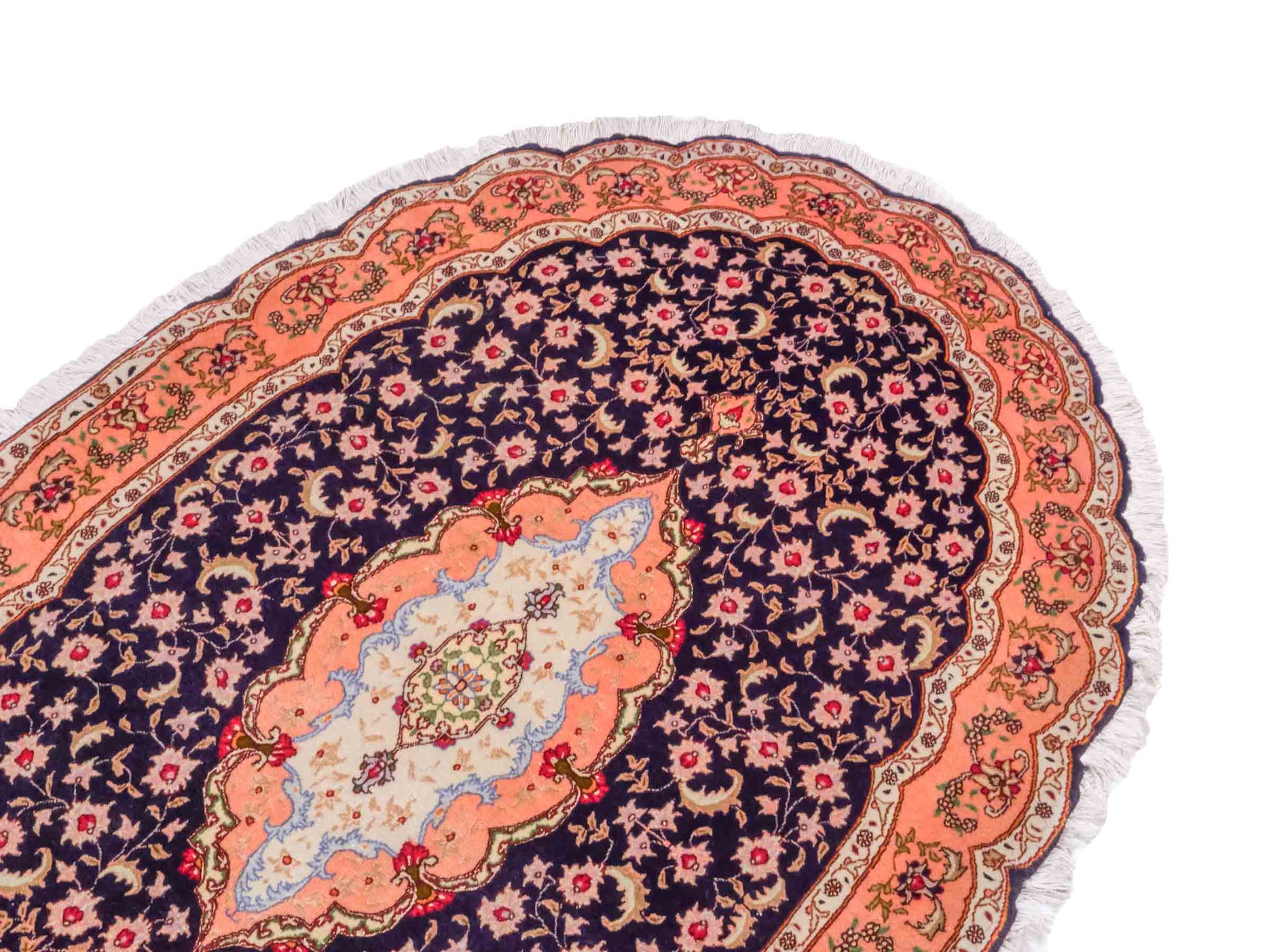 Ovaler, handgeknüpfter Vintage Täbriz 50 Raj Perserteppich von Khademi aus Wolle mit Seide, orange-navy. Persischer Orientteppich. Von Hand geknüpft in Iran. Größe: 159 cm x 91 cm. Teppichnummer: SB3-1049. Verkauf durch Jupiter Intl.