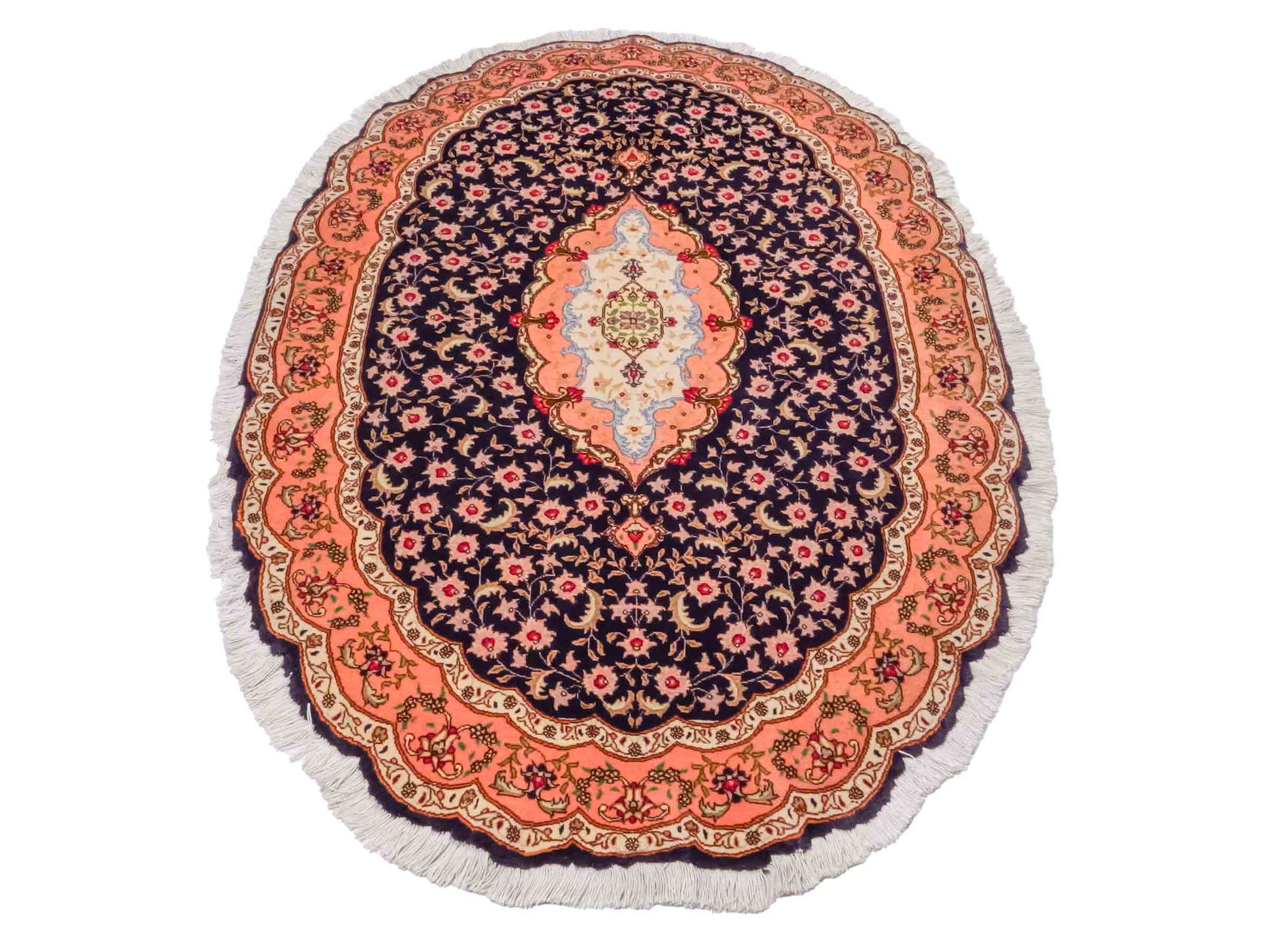 Ovaler, handgeknüpfter Vintage Täbriz 50 Raj Perserteppich von Khademi aus Wolle mit Seide, orange-navy. Persischer Orientteppich. Von Hand geknüpft in Iran. Größe: 159 cm x 91 cm. Teppichnummer: SB3-1049. Verkauf durch Jupiter Intl.