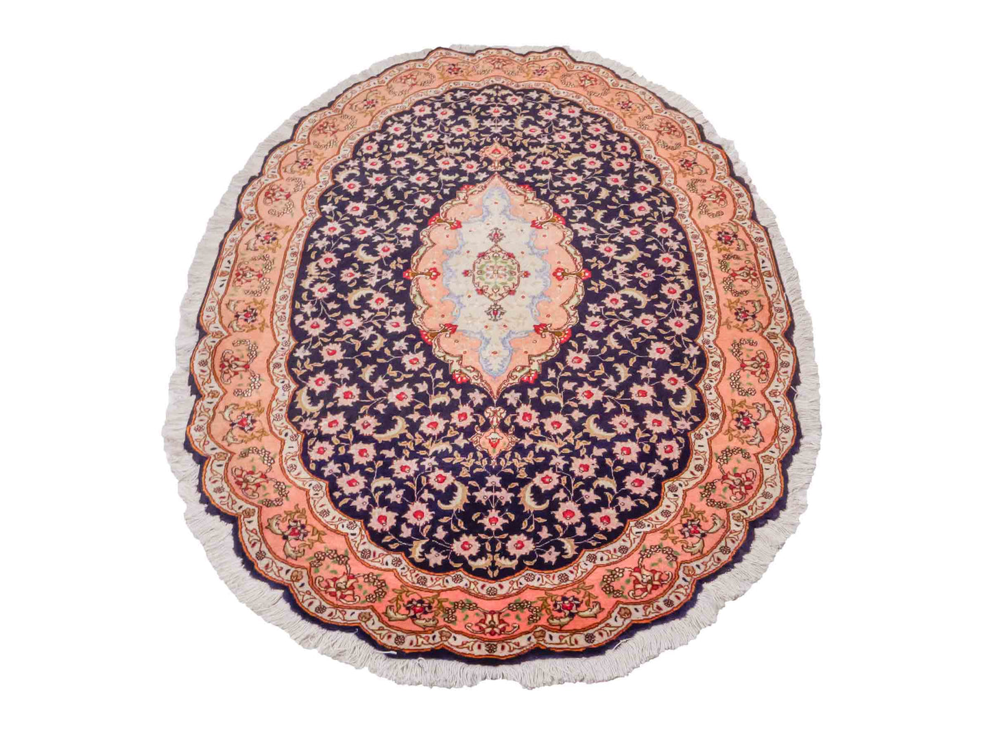 Ovaler, handgeknüpfter Vintage Täbriz 50 Raj Perserteppich von Khademi aus Wolle mit Seide, orange-navy. Persischer Orientteppich. Von Hand geknüpft in Iran. Größe: 159 cm x 91 cm. Teppichnummer: SB3-1049. Verkauf durch Jupiter Intl.