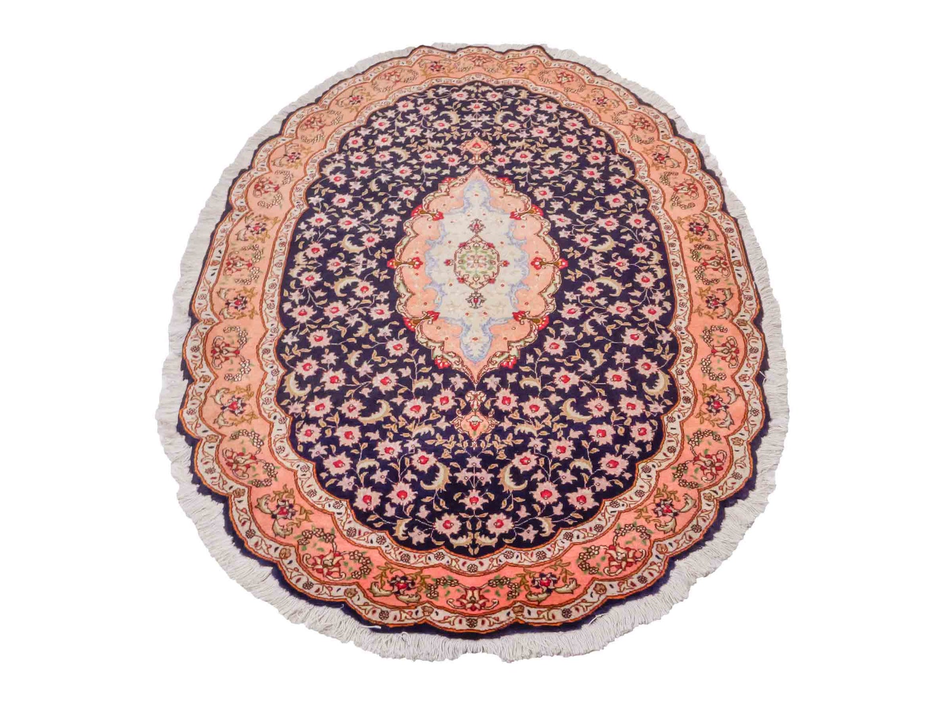 Ovaler, handgeknüpfter Vintage Täbriz 50 Raj Perserteppich von Khademi aus Wolle mit Seide, orange-navy. Persischer Orientteppich. Von Hand geknüpft in Iran. Größe: 159 cm x 91 cm. Teppichnummer: SB3-1049. Verkauf durch Jupiter Intl.