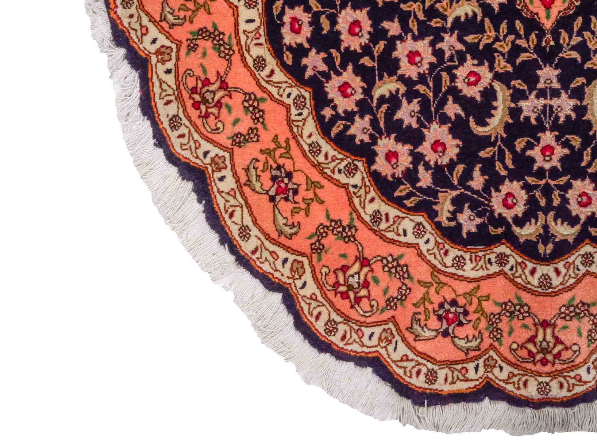 Ovaler, handgeknüpfter Vintage Täbriz 50 Raj Perserteppich von Khademi aus Wolle mit Seide, orange-navy. Persischer Orientteppich. Von Hand geknüpft in Iran. Größe: 159 cm x 91 cm. Teppichnummer: SB3-1049. Verkauf durch Jupiter Intl.