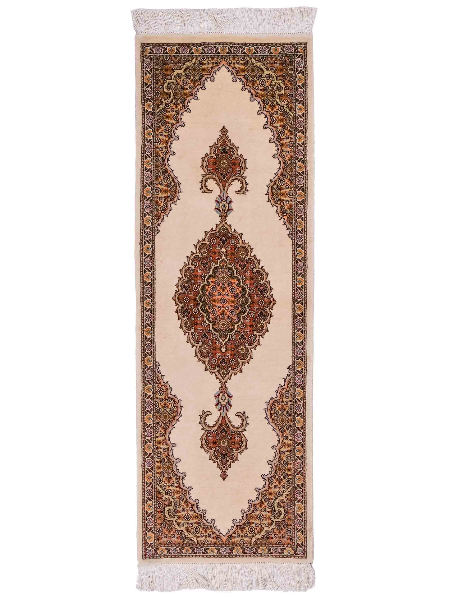Handgeknüpfter Täbriz 40 Raj Läufer-Perserteppich von Khademi aus Wolle, cremeweiß-beige. Persischer Orientteppich. Von Hand geknüpft in Iran. Größe: 120 cm x 40 cm. Teppichnummer: SB3-1026. Verkauf durch Jupiter Intl.