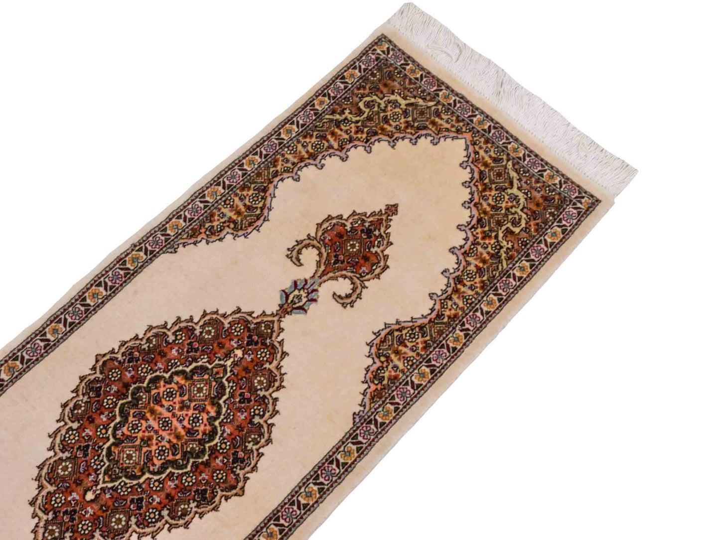 Handgeknüpfter Täbriz 40 Raj Läufer-Perserteppich von Khademi aus Wolle, cremeweiß-beige. Persischer Orientteppich. Von Hand geknüpft in Iran. Größe: 120 cm x 40 cm. Teppichnummer: SB3-1026. Verkauf durch Jupiter Intl.