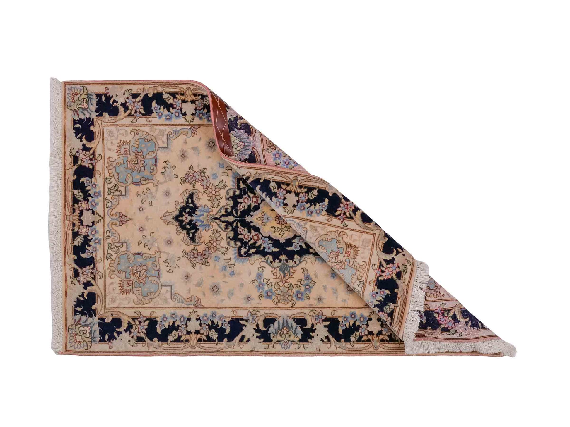 Handgeknüpfter Vintage Täbriz 40 Raj Perserteppich von Khademi aus Wolle mit Seide, lachs-navy. Persischer Orientteppich. Von Hand geknüpft in Iran. Größe: 120 cm x 76 cm. Teppichnummer: SB3-1027. Verkauf durch Jupiter Intl.