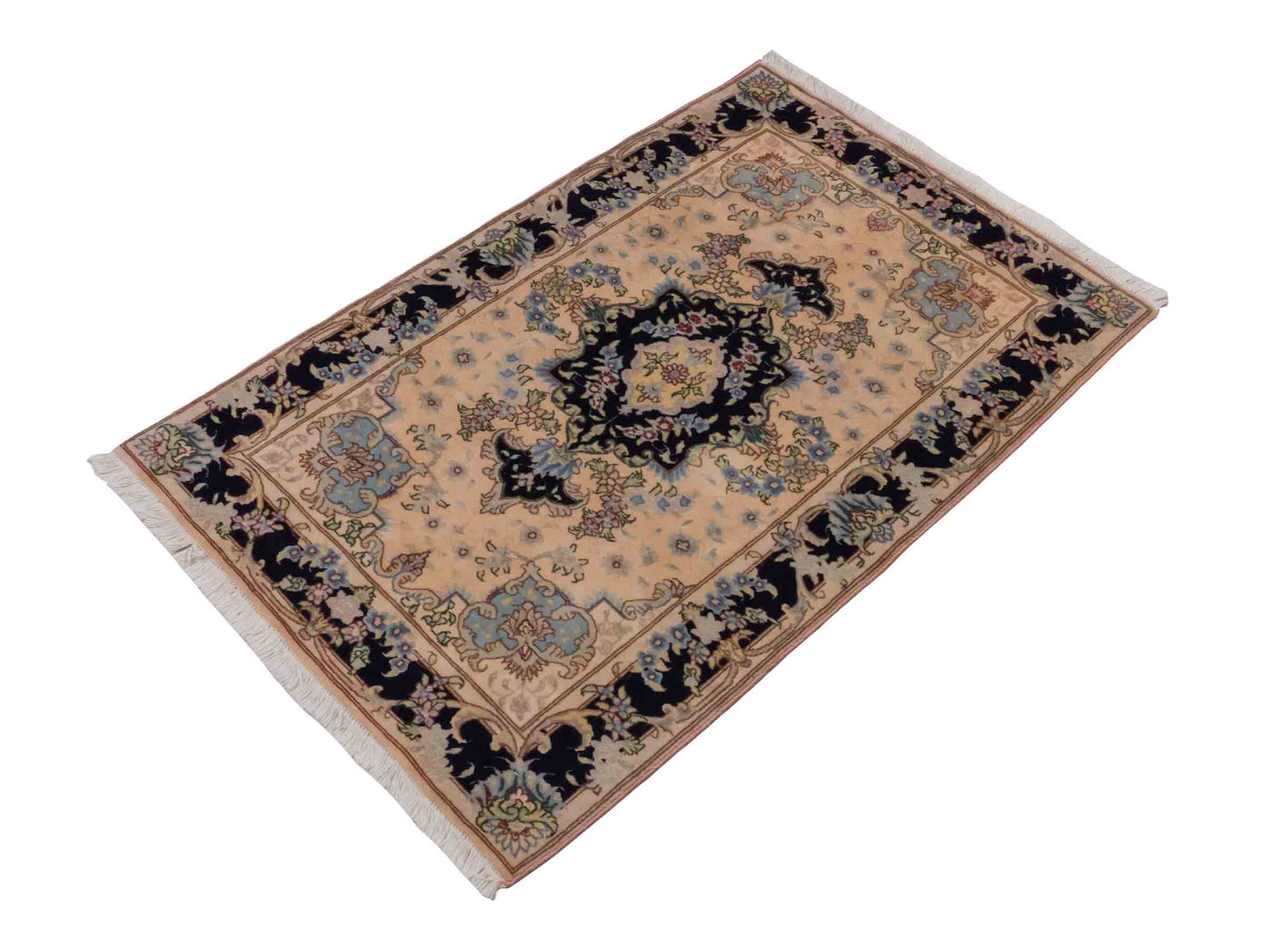 Handgeknüpfter Vintage Täbriz 40 Raj Perserteppich von Khademi aus Wolle mit Seide, lachs-navy. Persischer Orientteppich. Von Hand geknüpft in Iran. Größe: 120 cm x 76 cm. Teppichnummer: SB3-1027. Verkauf durch Jupiter Intl.