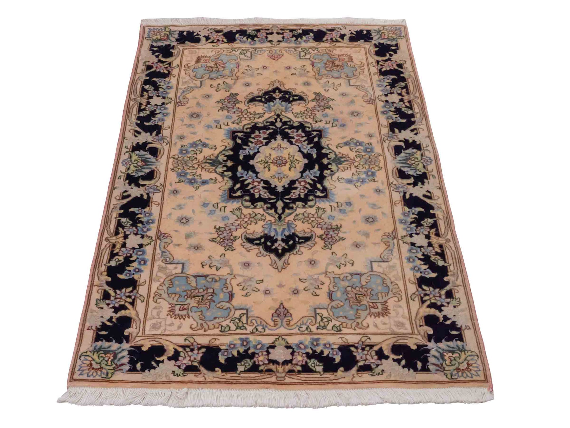 Handgeknüpfter Vintage Täbriz 40 Raj Perserteppich von Khademi aus Wolle mit Seide, lachs-navy. Persischer Orientteppich. Von Hand geknüpft in Iran. Größe: 120 cm x 76 cm. Teppichnummer: SB3-1027. Verkauf durch Jupiter Intl.