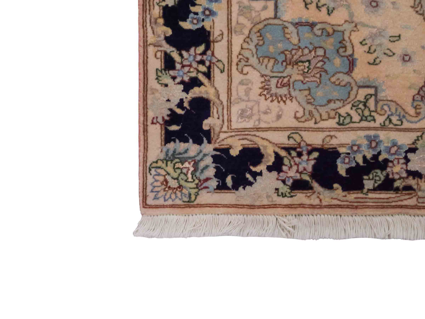 Handgeknüpfter Vintage Täbriz 40 Raj Perserteppich von Khademi aus Wolle mit Seide, lachs-navy. Persischer Orientteppich. Von Hand geknüpft in Iran. Größe: 120 cm x 76 cm. Teppichnummer: SB3-1027. Verkauf durch Jupiter Intl.