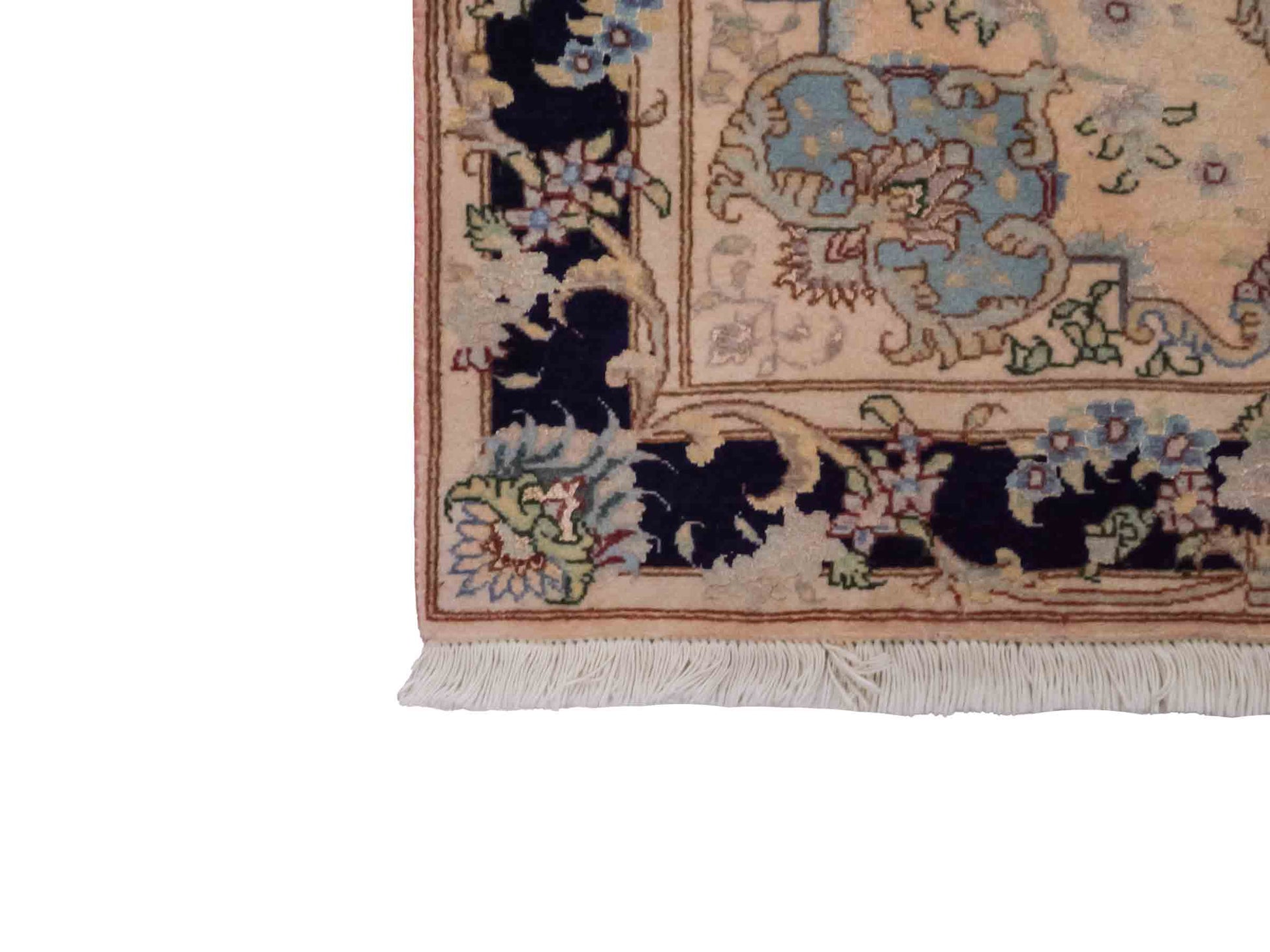 Handgeknüpfter Vintage Täbriz 40 Raj Perserteppich von Khademi aus Wolle mit Seide, lachs-navy. Persischer Orientteppich. Von Hand geknüpft in Iran. Größe: 120 cm x 76 cm. Teppichnummer: SB3-1027. Verkauf durch Jupiter Intl.