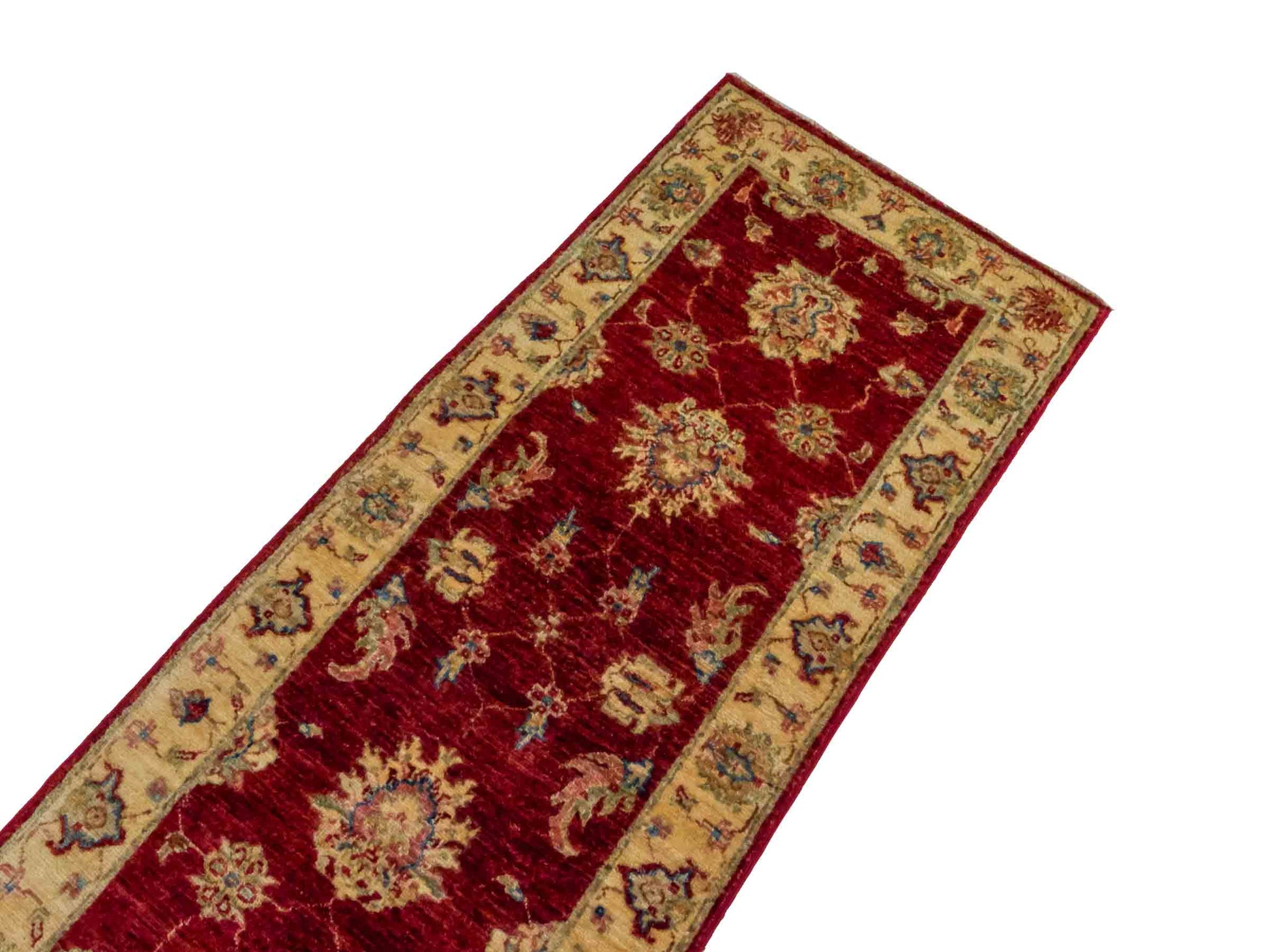 Handgeknüpfter Ziegler Farahan Läufer-Orientteppich von Khademi aus Wolle, rot, gold, beige. Klassisches Allover-Design. Traditionell von Hand geknüpft in Afghanistan. Größe: 153 cm x 55 cm. Teppichnummer: RB3-1047. Verkauf durch Jupiter Intl.