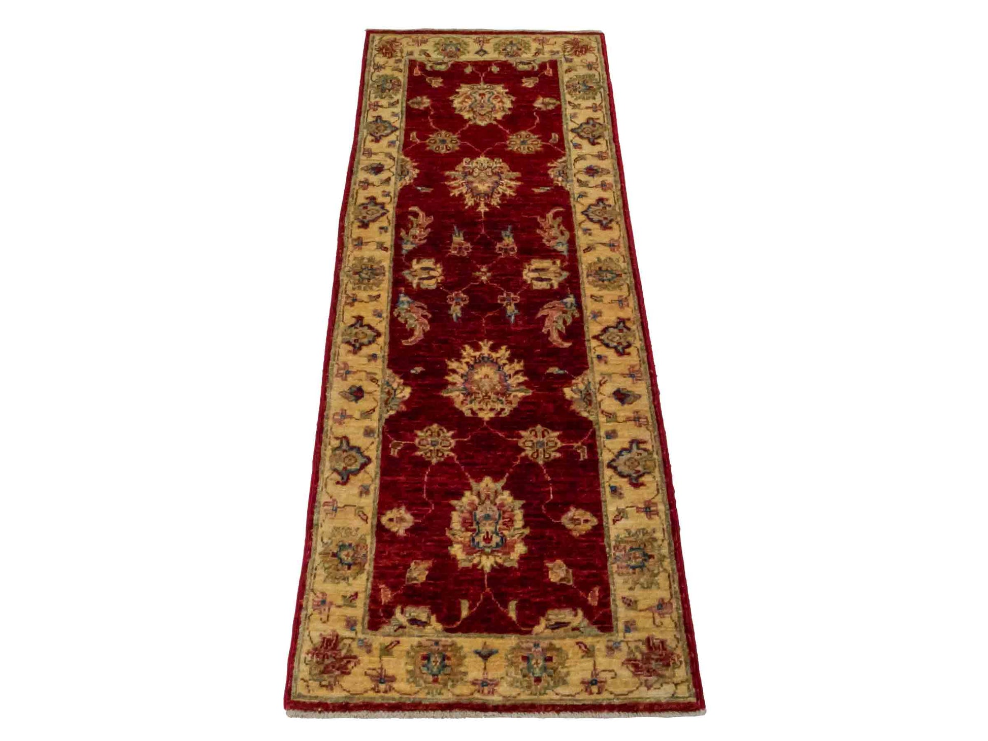 Handgeknüpfter Ziegler Farahan Läufer-Orientteppich von Khademi aus Wolle, rot, gold, beige. Klassisches Allover-Design. Traditionell von Hand geknüpft in Afghanistan. Größe: 153 cm x 55 cm. Teppichnummer: RB3-1047. Verkauf durch Jupiter Intl.