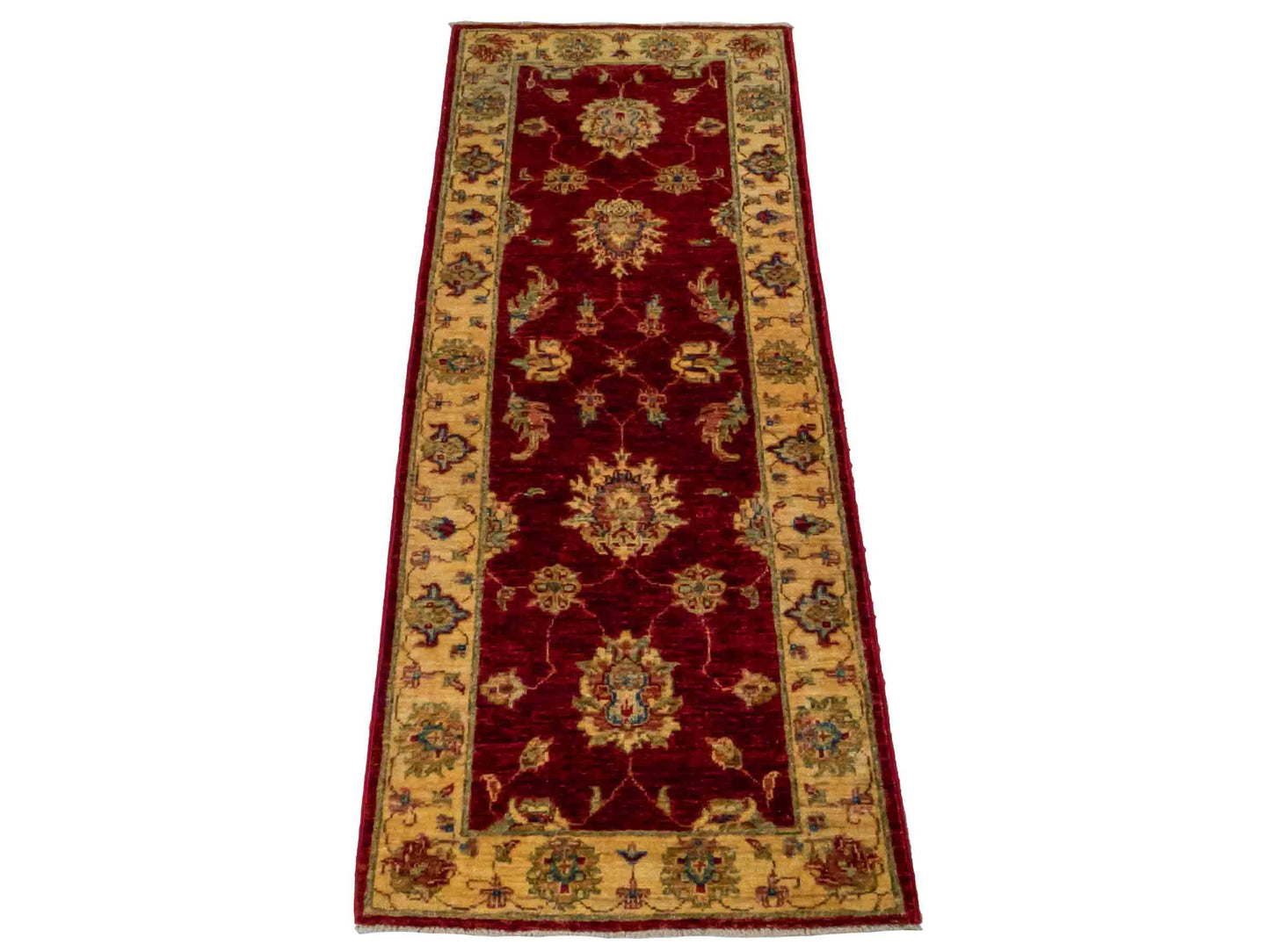 Handgeknüpfter Ziegler Farahan Läufer-Orientteppich von Khademi aus Wolle, rot, gold, beige. Klassisches Allover-Design. Traditionell von Hand geknüpft in Afghanistan. Größe: 153 cm x 60 cm. Teppichnummer: RB3-1048. Verkauf durch Jupiter Intl.
