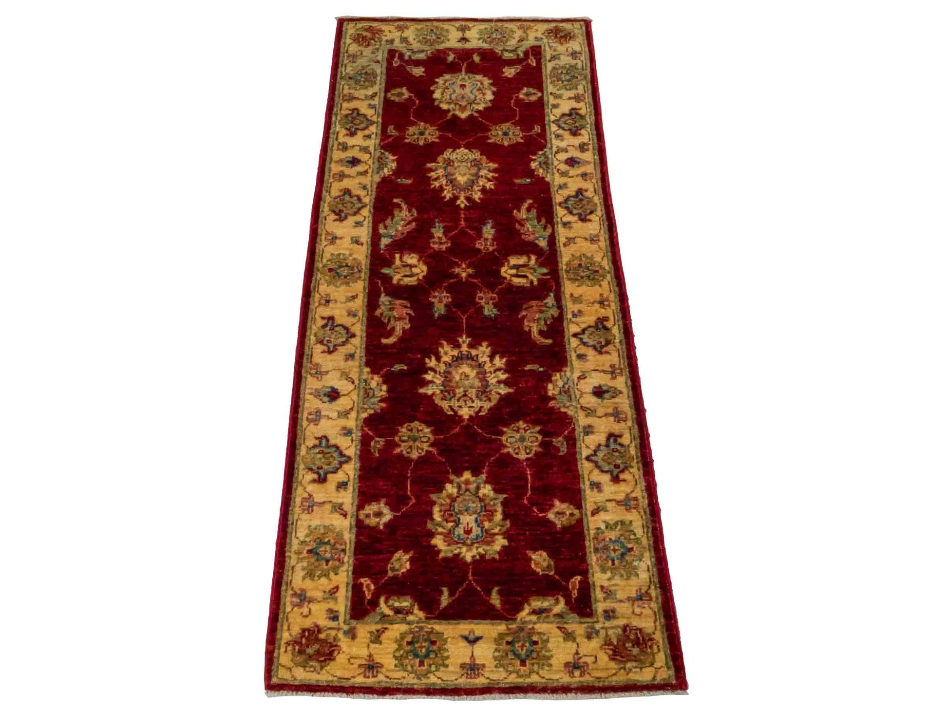 Handgeknüpfter Ziegler Farahan Läufer-Orientteppich von Khademi aus Wolle, rot, gold, beige. Klassisches Allover-Design. Traditionell von Hand geknüpft in Afghanistan. Größe: 153 cm x 60 cm. Teppichnummer: RB3-1048. Verkauf durch Jupiter Intl.