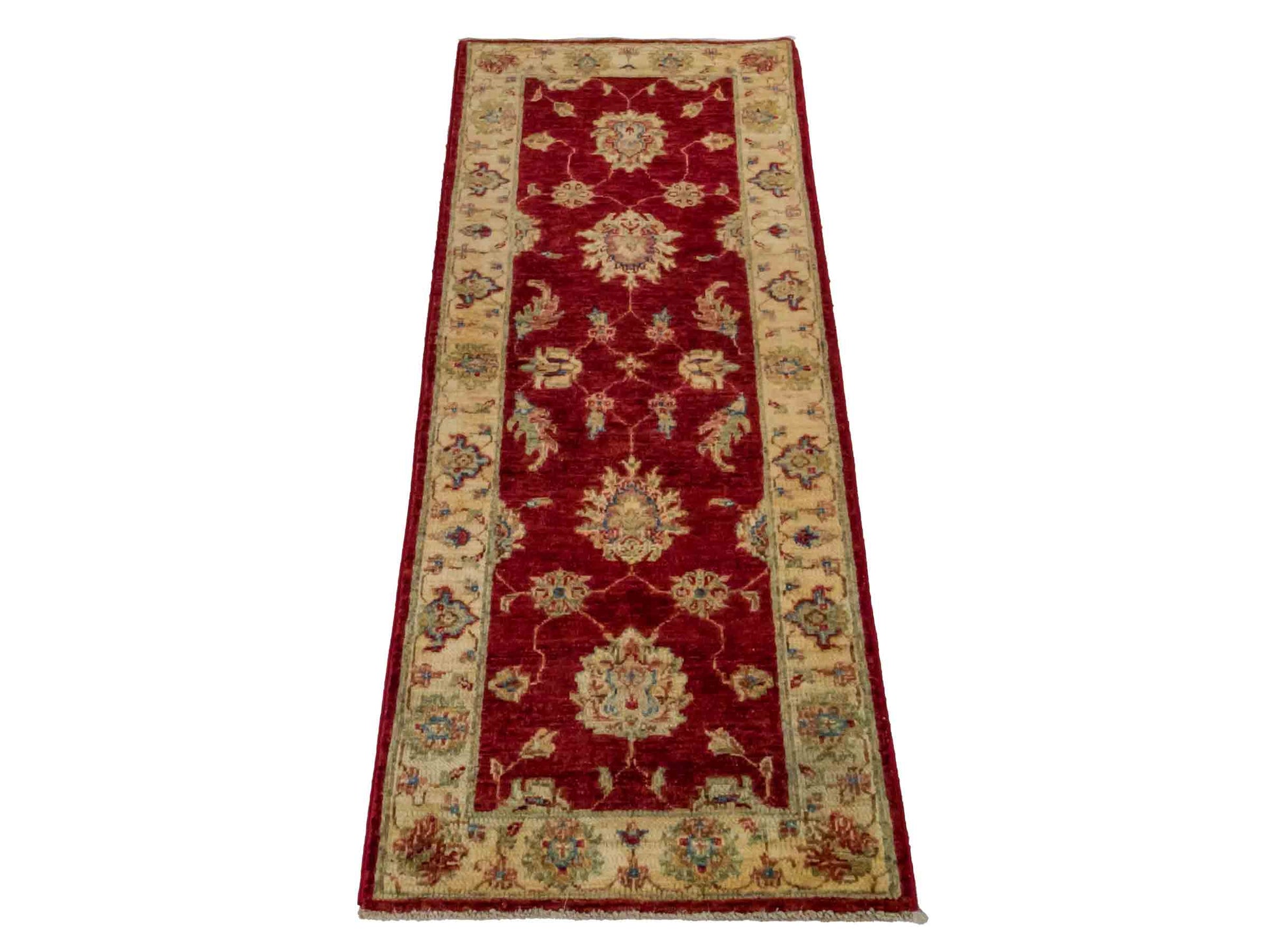 Handgeknüpfter Ziegler Farahan Läufer-Orientteppich von Khademi aus Wolle, rot, gold, beige. Klassisches Allover-Design. Traditionell von Hand geknüpft in Afghanistan. Größe: 153 cm x 60 cm. Teppichnummer: RB3-1048. Verkauf durch Jupiter Intl.