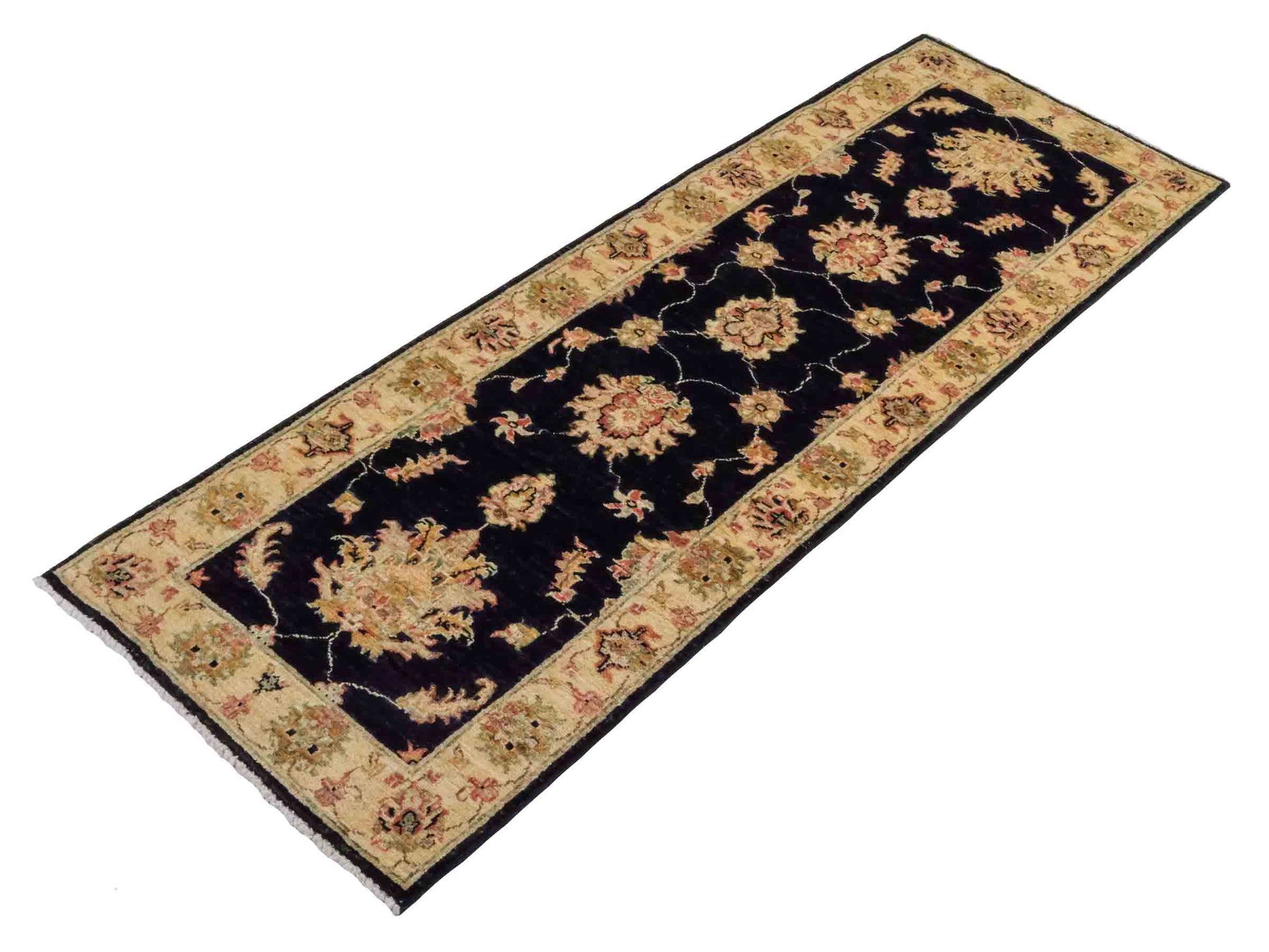 Handgeknüpfter Ziegler Farahan Läufer-Orientteppich von Khademi aus Wolle, schwarz, gold, beige. Klassisches Allover-Design. Von Hand geknüpft in Afghanistan. Größe: 181 cm x 63 cm. Teppichnummer: RB3-1042. Verkauf durch Jupiter Intl.