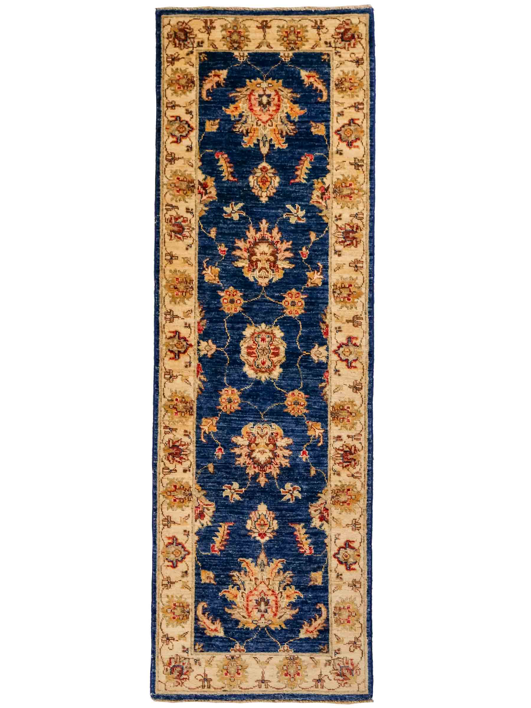 Handgeknüpfter Ziegler Farahan Läufer-Orientteppich von Khademi aus Wolle, blau, gold, beige. Klassisches Allover-Design. Traditionell von Hand geknüpft in Afghanistan. Größe: 197 cm x 62 cm. Teppichnummer: RB3-1023. Verkauf durch Jupiter Intl.
