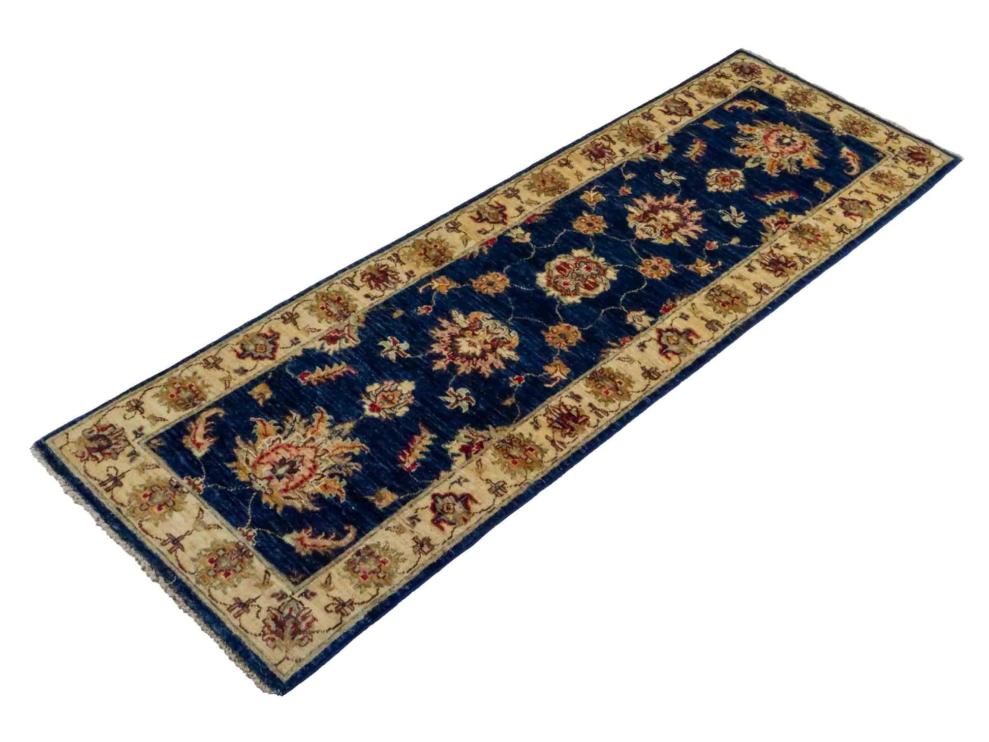 Handgeknüpfter Ziegler Farahan Läufer-Orientteppich von Khademi aus Wolle, blau, gold, beige. Klassisches Allover-Design. Traditionell von Hand geknüpft in Afghanistan. Größe: 197 cm x 62 cm. Teppichnummer: RB3-1023. Verkauf durch Jupiter Intl.