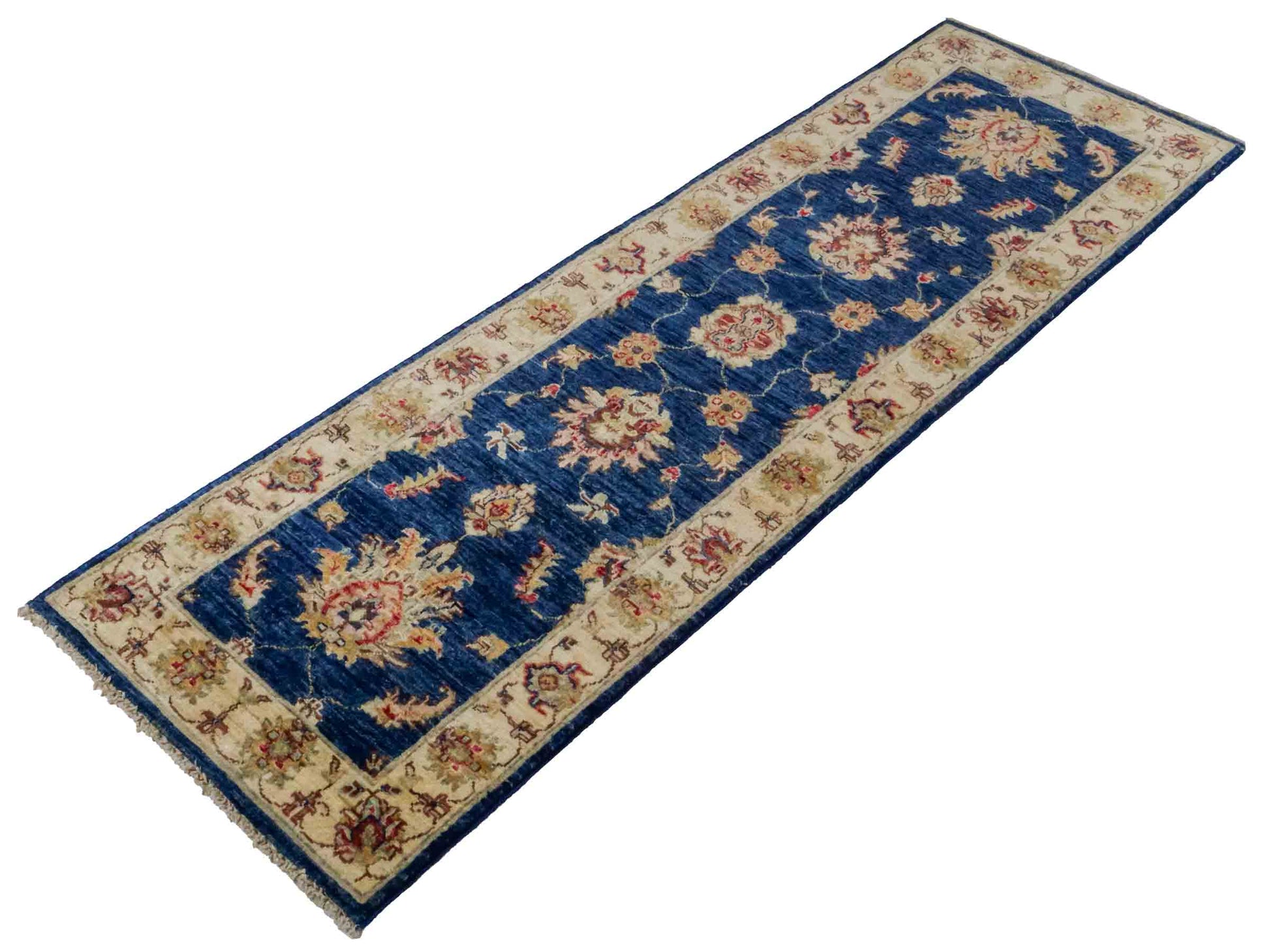 Handgeknüpfter Ziegler Farahan Läufer-Orientteppich von Khademi aus Wolle, blau, gold, beige. Klassisches Allover-Design. Traditionell von Hand geknüpft in Afghanistan. Größe: 197 cm x 62 cm. Teppichnummer: RB3-1023. Verkauf durch Jupiter Intl.