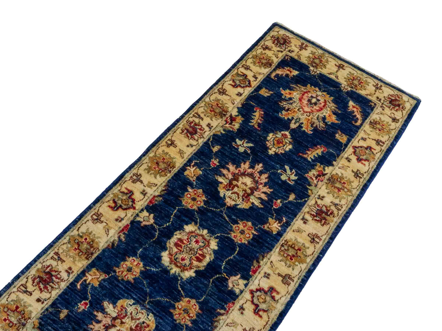 Handgeknüpfter Ziegler Farahan Läufer-Orientteppich von Khademi aus Wolle, blau, gold, beige. Klassisches Allover-Design. Traditionell von Hand geknüpft in Afghanistan. Größe: 197 cm x 62 cm. Teppichnummer: RB3-1023. Verkauf durch Jupiter Intl.