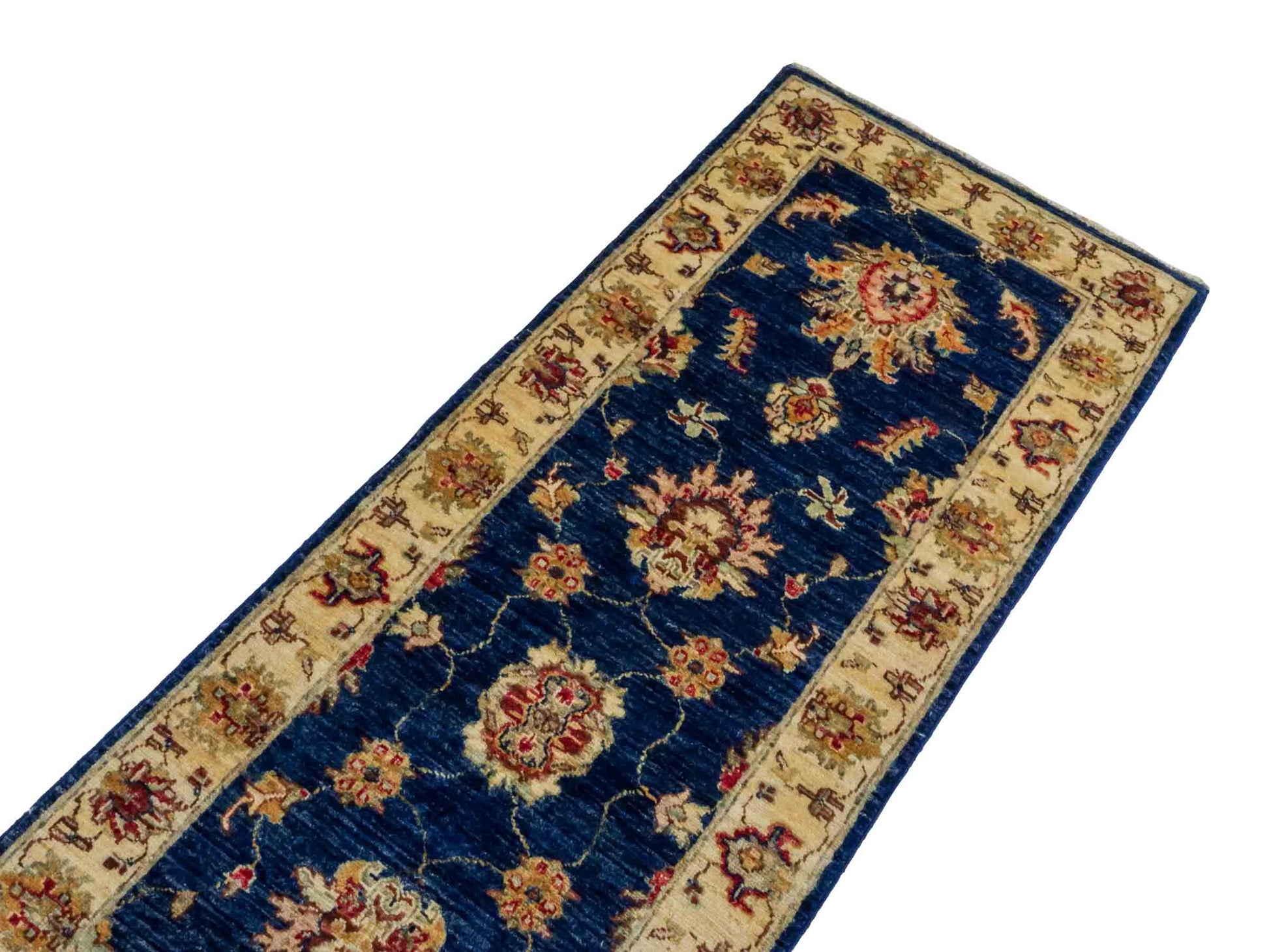Handgeknüpfter Ziegler Farahan Läufer-Orientteppich von Khademi aus Wolle, blau, gold, beige. Klassisches Allover-Design. Traditionell von Hand geknüpft in Afghanistan. Größe: 197 cm x 62 cm. Teppichnummer: RB3-1023. Verkauf durch Jupiter Intl.