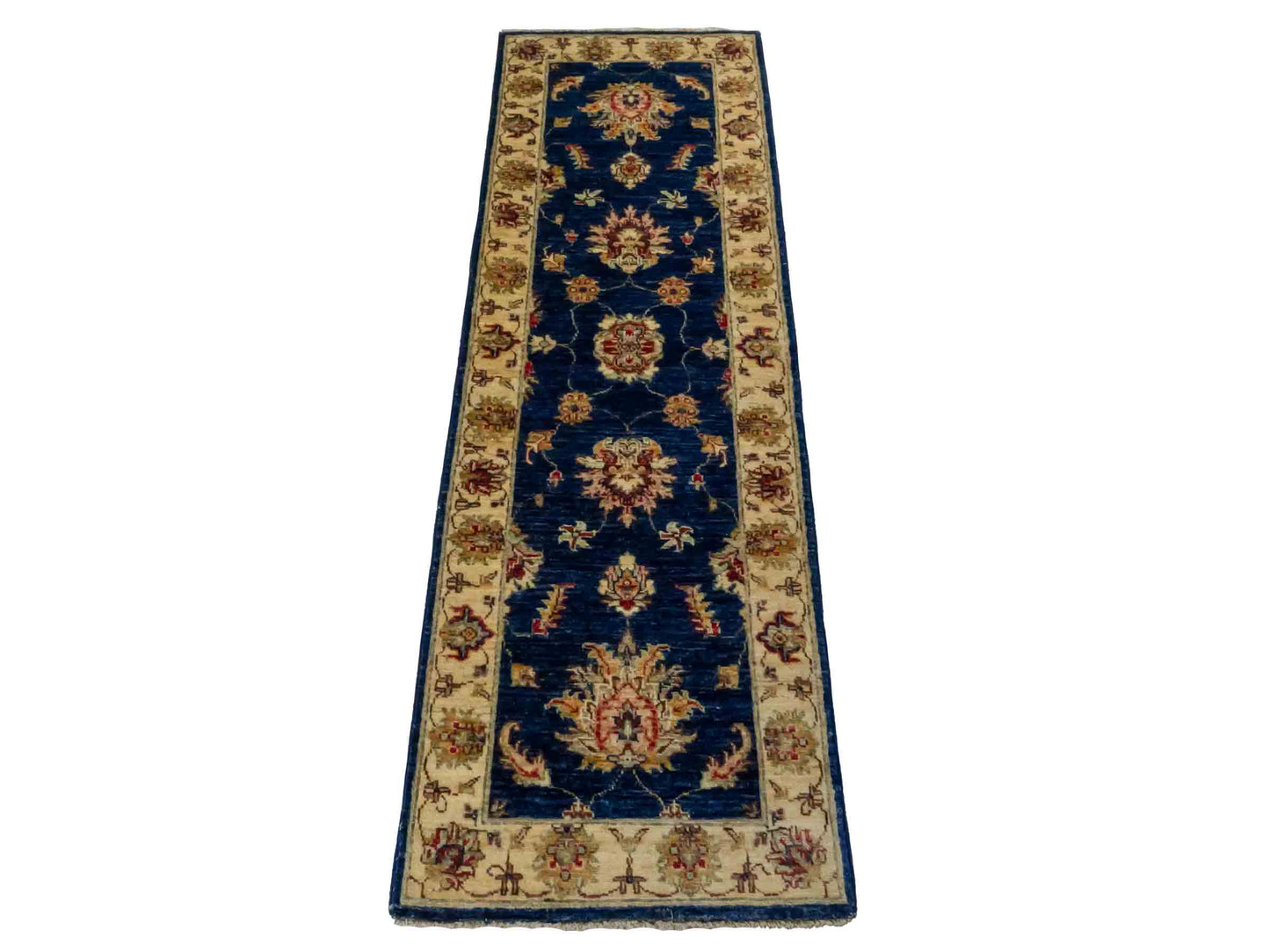 Handgeknüpfter Ziegler Farahan Läufer-Orientteppich von Khademi aus Wolle, blau, gold, beige. Klassisches Allover-Design. Traditionell von Hand geknüpft in Afghanistan. Größe: 197 cm x 62 cm. Teppichnummer: RB3-1023. Verkauf durch Jupiter Intl.
