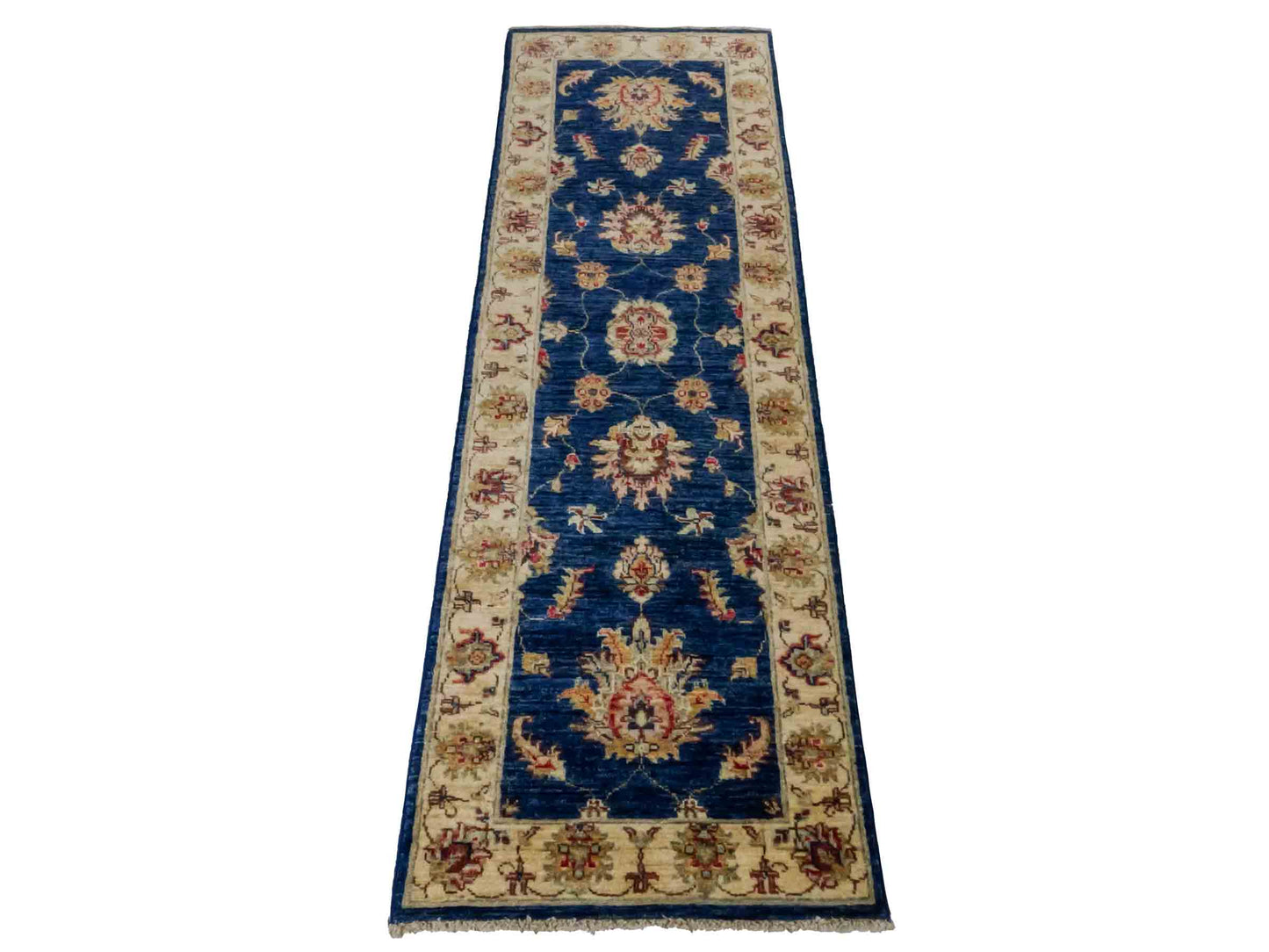 Handgeknüpfter Ziegler Farahan Läufer-Orientteppich von Khademi aus Wolle, blau, gold, beige. Klassisches Allover-Design. Traditionell von Hand geknüpft in Afghanistan. Größe: 197 cm x 62 cm. Teppichnummer: RB3-1023. Verkauf durch Jupiter Intl.