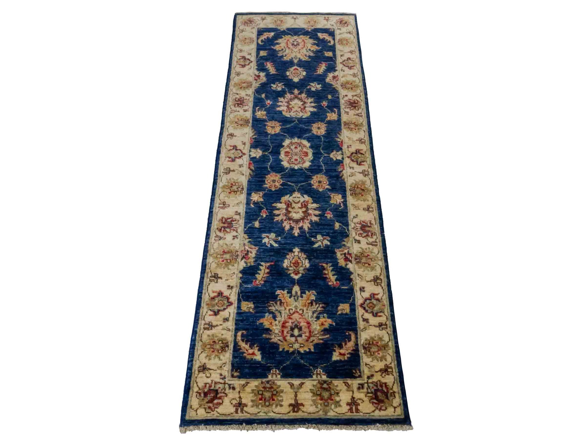 Handgeknüpfter Ziegler Farahan Läufer-Orientteppich von Khademi aus Wolle, blau, gold, beige. Klassisches Allover-Design. Traditionell von Hand geknüpft in Afghanistan. Größe: 197 cm x 62 cm. Teppichnummer: RB3-1023. Verkauf durch Jupiter Intl.