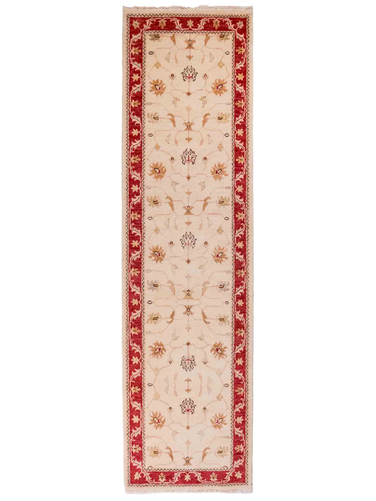 Handgeknüpfter Ziegler Farahan Läufer-Orientteppich von Khademi aus Wolle, beige, gold, rot. Klassisches Allover-Design. Traditionell von Hand geknüpft in Afghanistan. Größe: 285 cm x 77 cm. Teppichnummer: SB3-1168 | Jupiter Intl.