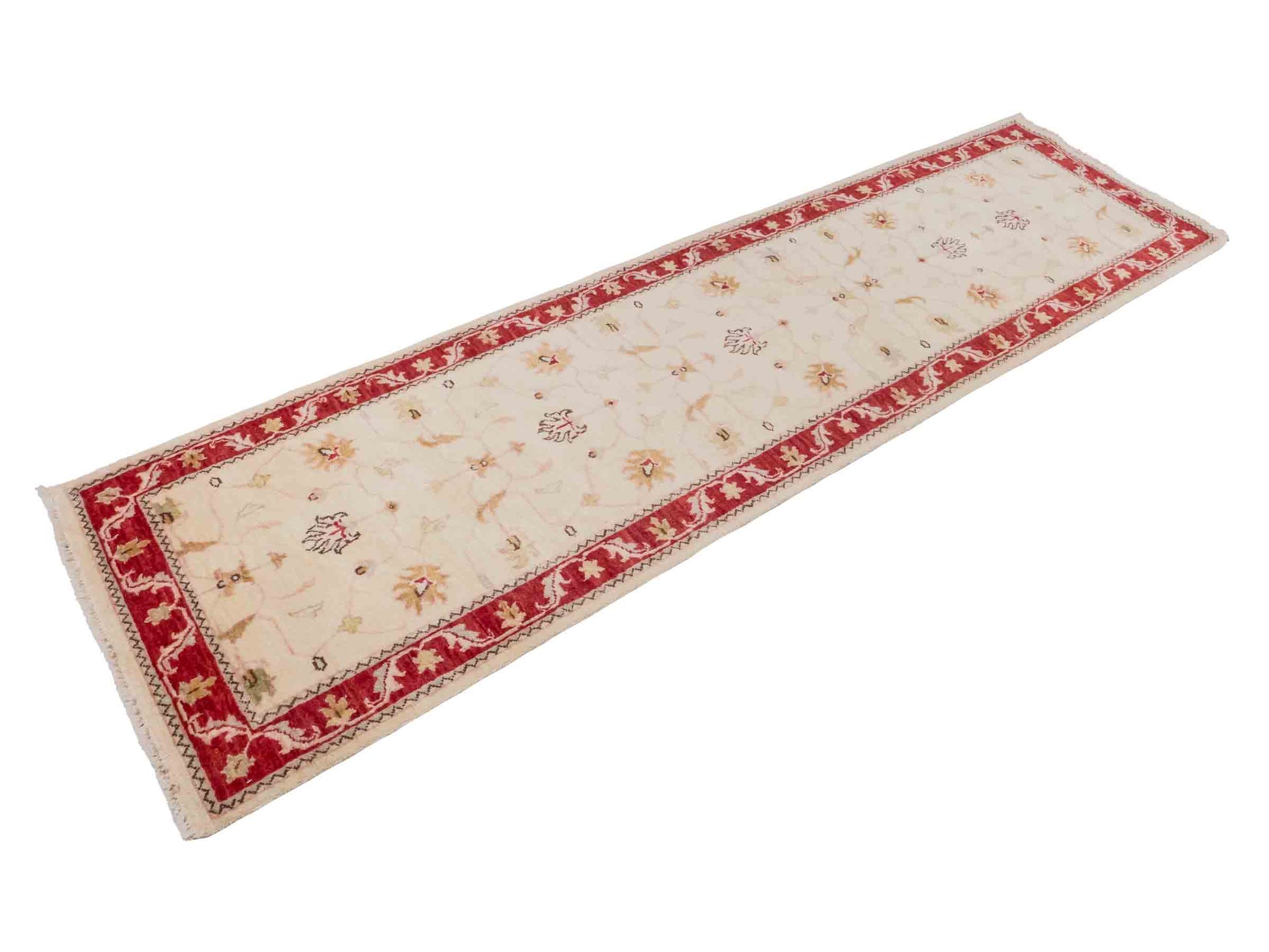 Handgeknüpfter Ziegler Farahan Läufer-Orientteppich von Khademi aus Wolle, beige, gold, rot. Klassisches Allover-Design. Traditionell von Hand geknüpft in Afghanistan. Größe: 285 cm x 77 cm. Teppichnummer: SB3-1168 | Jupiter Intl.