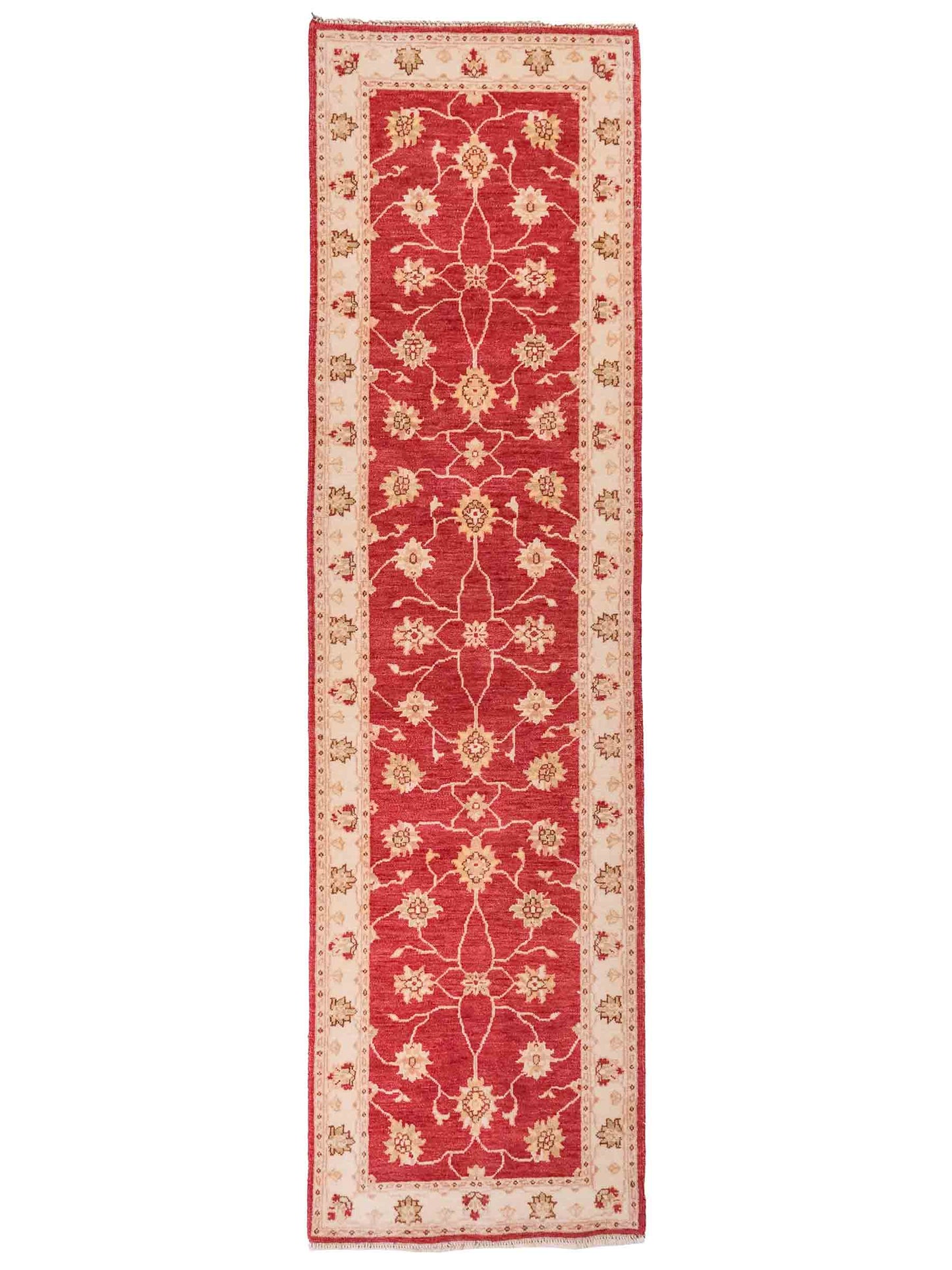 Handgeknüpfter Ziegler Farahan Läufer-Orientteppich von Khademi aus Wolle, rot, beige, gold. Klassisches Allover-Design. Traditionell von Hand geknüpft in Afghanistan. Größe: 291 cm x 77 cm. Teppichnummer: SB3-1170 | Jupiter Intl.