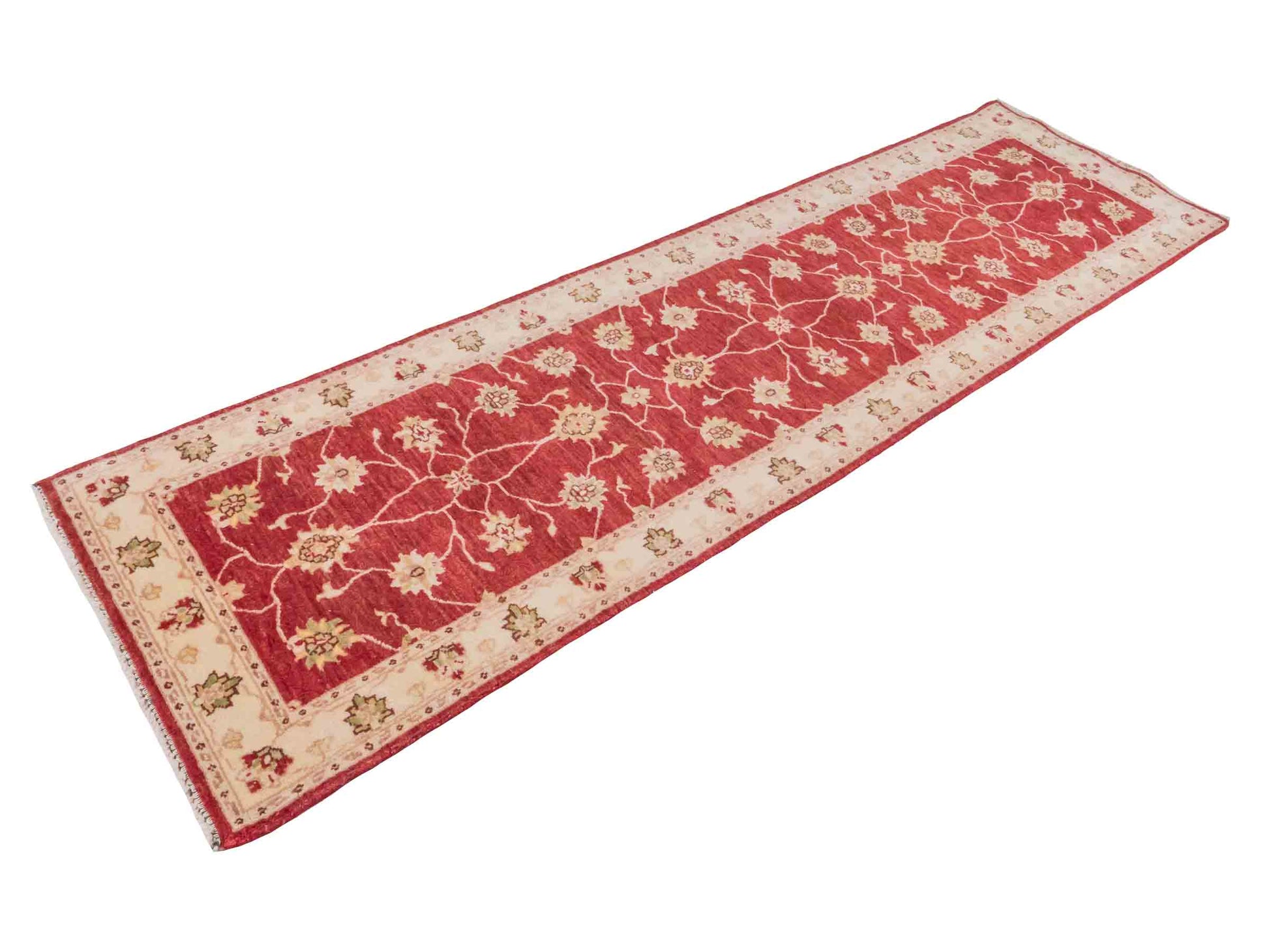 Handgeknüpfter Ziegler Farahan Läufer-Orientteppich von Khademi aus Wolle, rot, beige, gold. Klassisches Allover-Design. Traditionell von Hand geknüpft in Afghanistan. Größe: 291 cm x 77 cm. Teppichnummer: SB3-1170 | Jupiter Intl.