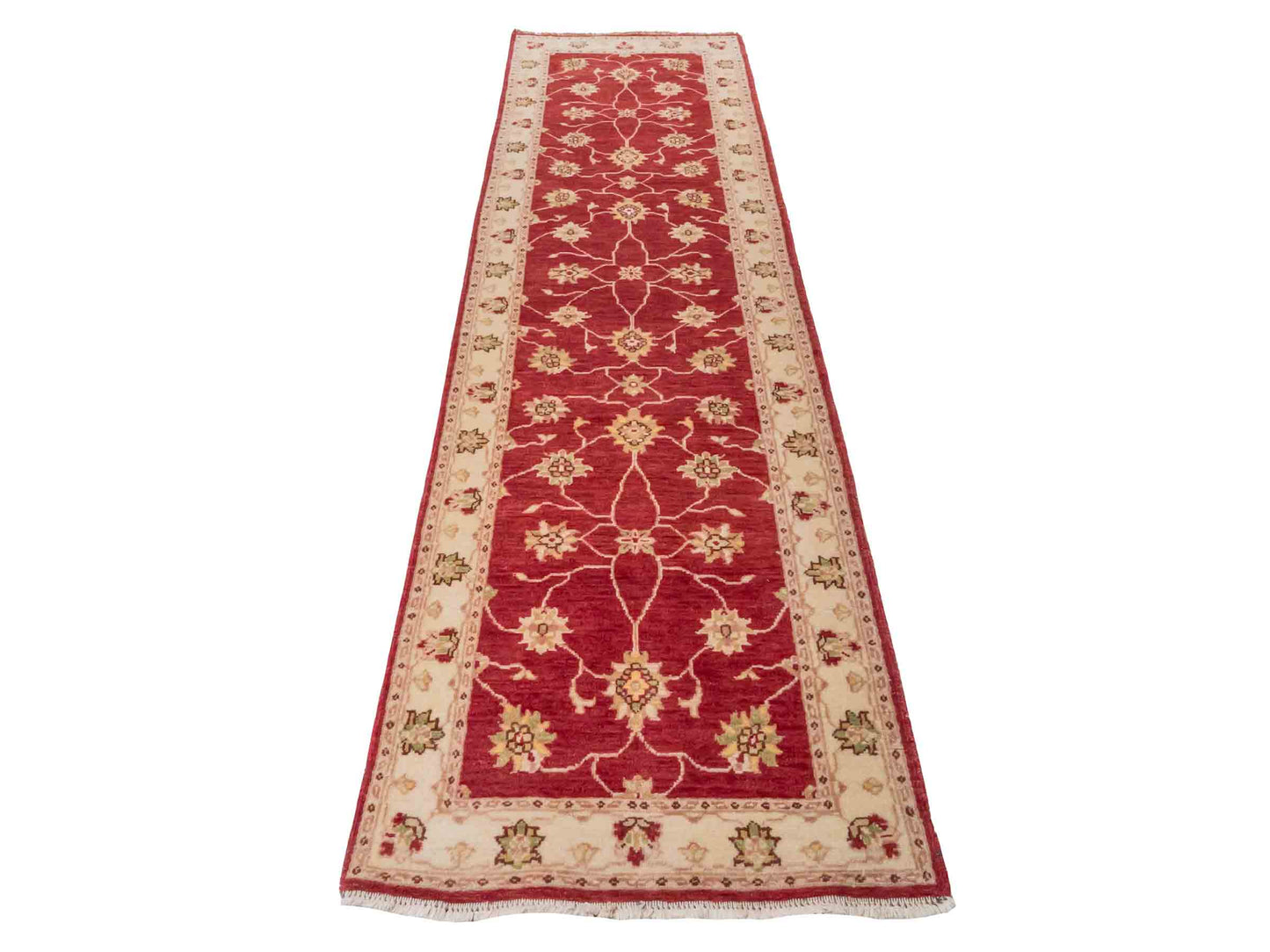 Handgeknüpfter Ziegler Farahan Läufer-Orientteppich von Khademi aus Wolle, rot, beige, gold. Klassisches Allover-Design. Traditionell von Hand geknüpft in Afghanistan. Größe: 291 cm x 77 cm. Teppichnummer: SB3-1170 | Jupiter Intl.