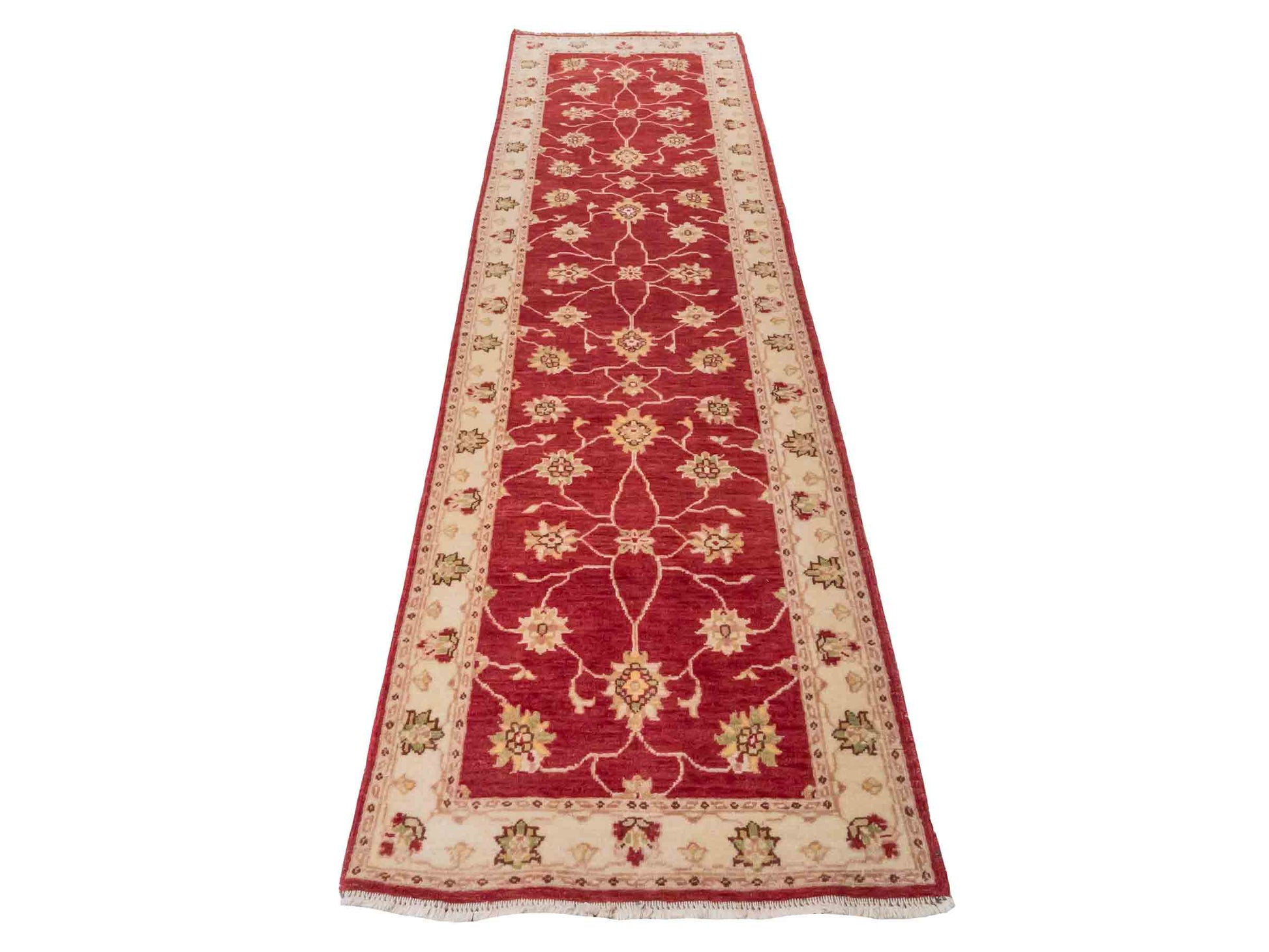 Handgeknüpfter Ziegler Farahan Läufer-Orientteppich von Khademi aus Wolle, rot, beige, gold. Klassisches Allover-Design. Traditionell von Hand geknüpft in Afghanistan. Größe: 291 cm x 77 cm. Teppichnummer: SB3-1170 | Jupiter Intl.