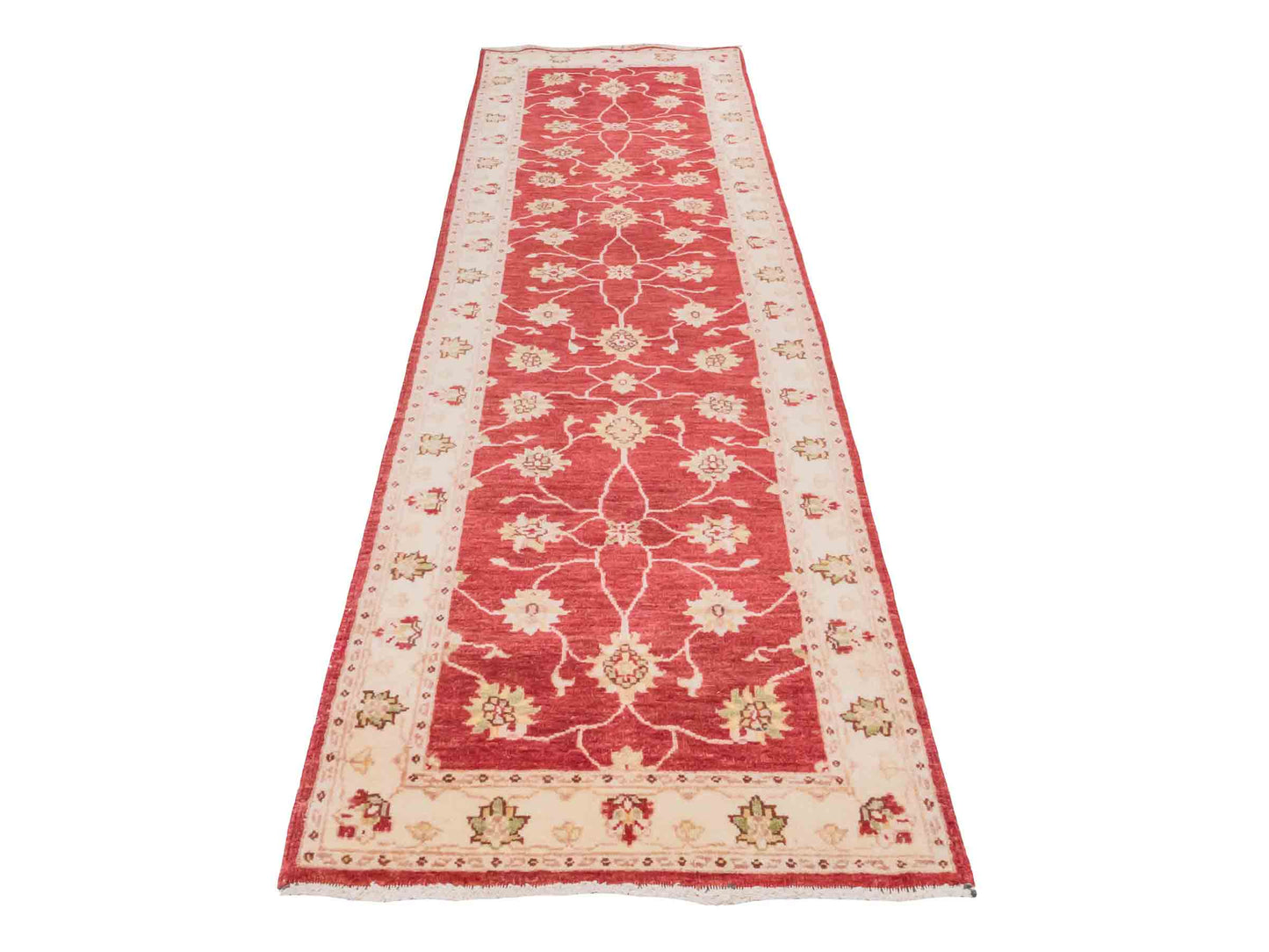 Handgeknüpfter Ziegler Farahan Läufer-Orientteppich von Khademi aus Wolle, rot, beige, gold. Klassisches Allover-Design. Traditionell von Hand geknüpft in Afghanistan. Größe: 291 cm x 77 cm. Teppichnummer: SB3-1170 | Jupiter Intl.