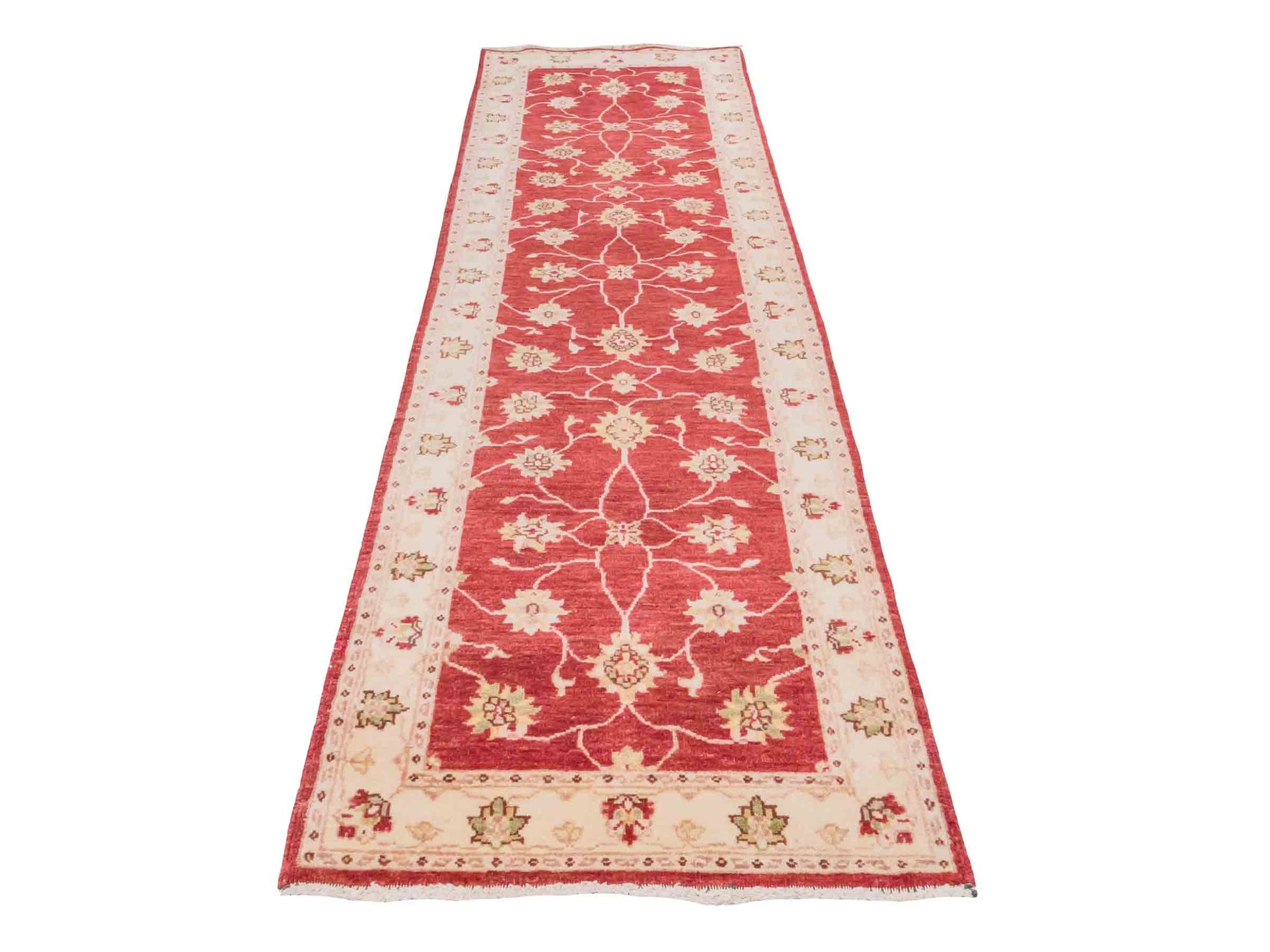 Handgeknüpfter Ziegler Farahan Läufer-Orientteppich von Khademi aus Wolle, rot, beige, gold. Klassisches Allover-Design. Traditionell von Hand geknüpft in Afghanistan. Größe: 291 cm x 77 cm. Teppichnummer: SB3-1170 | Jupiter Intl.