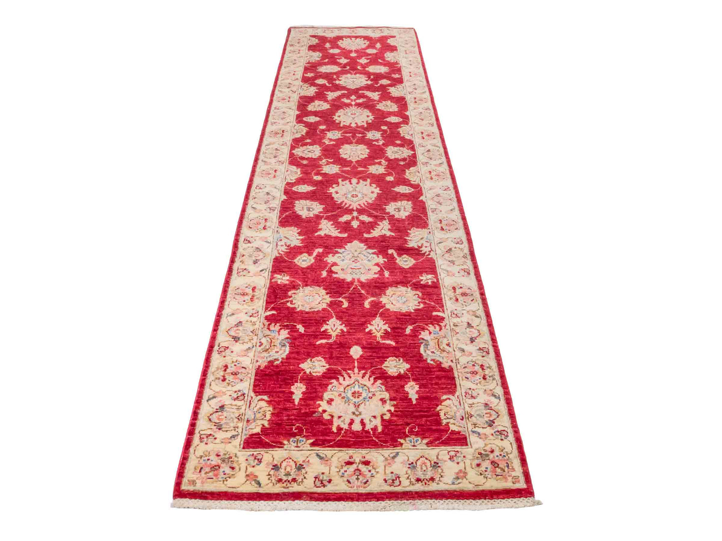 Handgeknüpfter Ziegler Farahan Läufer-Orientteppich von Khademi aus Wolle, rot, beige, gold. Klassisches Allover-Design. Traditionell von Hand geknüpft in Afghanistan. Größe: 313 cm x 84 cm. Teppichnummer: SB3-1169 | Jupiter Intl.