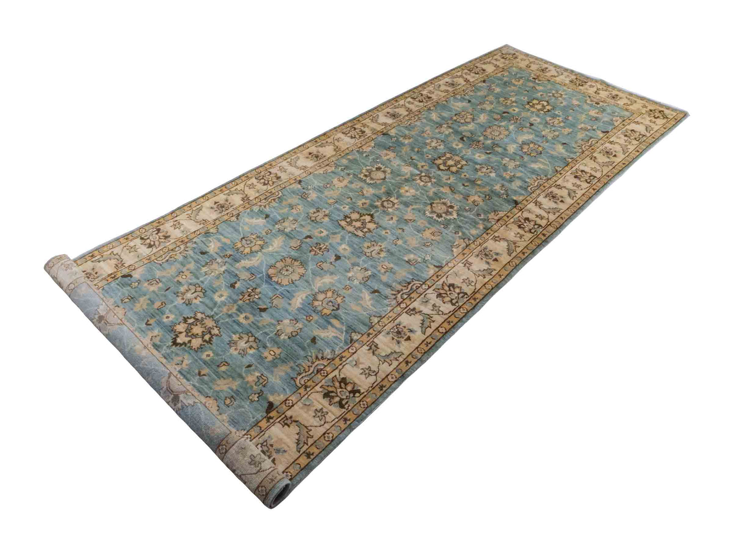 Handgeknüpfter Ziegler Farahan Läufer-Orientteppich von Khademi aus Wolle, blau, beige, gold. Klassisches Allover-Design. Traditionell von Hand geknüpft in Afghanistan. Größe: 338 cm x 121 cm. Teppichnummer: RB3-1031. Verkauf durch Jupiter Intl.