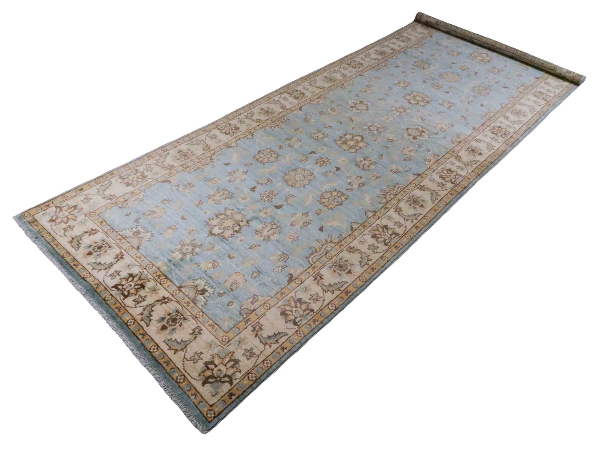 Handgeknüpfter Ziegler Farahan Läufer-Orientteppich von Khademi aus Wolle, blau, beige, gold. Klassisches Allover-Design. Traditionell von Hand geknüpft in Afghanistan. Größe: 338 cm x 121 cm. Teppichnummer: RB3-1031. Verkauf durch Jupiter Intl.