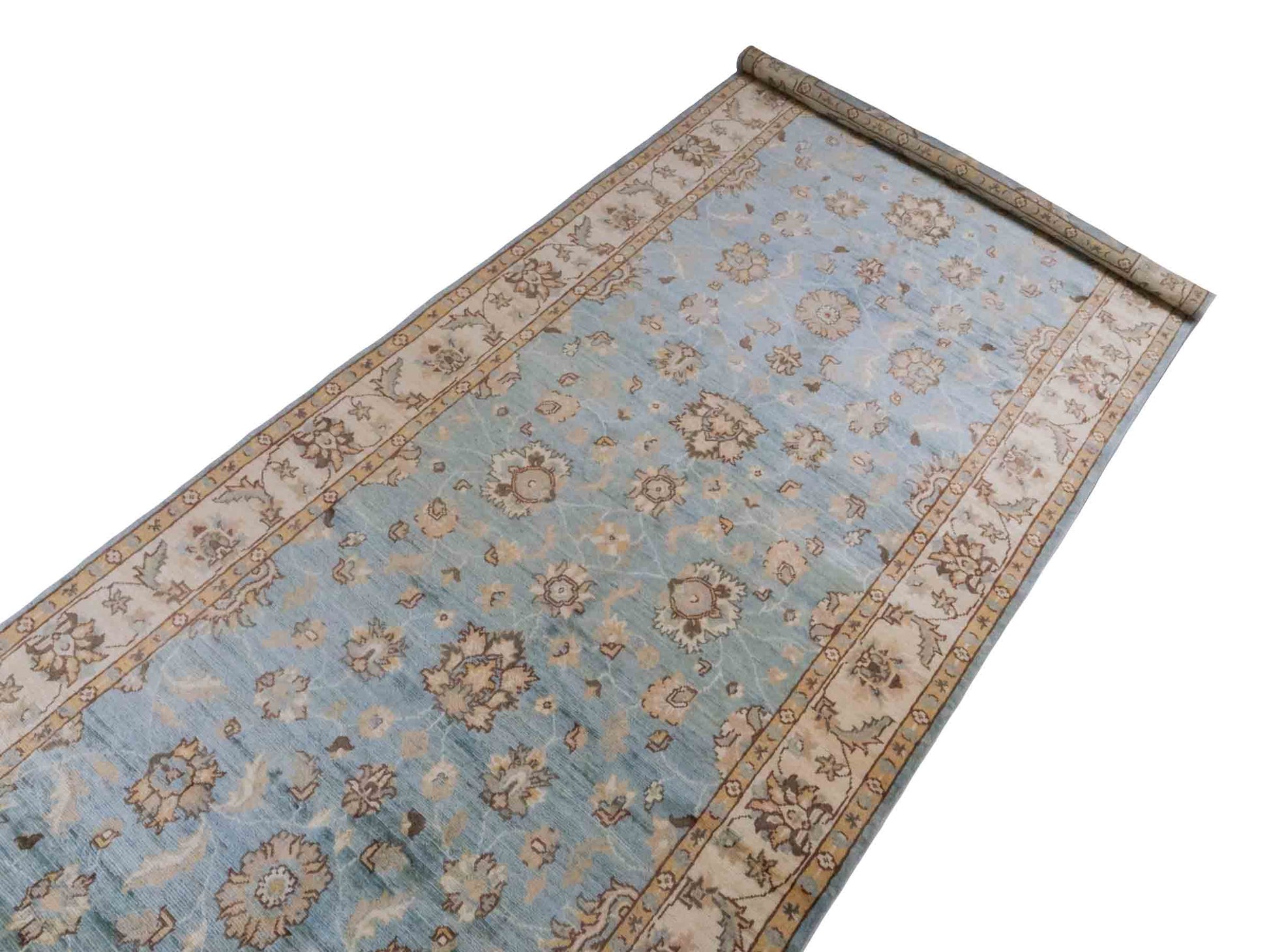 Handgeknüpfter Ziegler Farahan Läufer-Orientteppich von Khademi aus Wolle, blau, beige, gold. Klassisches Allover-Design. Traditionell von Hand geknüpft in Afghanistan. Größe: 338 cm x 121 cm. Teppichnummer: RB3-1031. Verkauf durch Jupiter Intl.