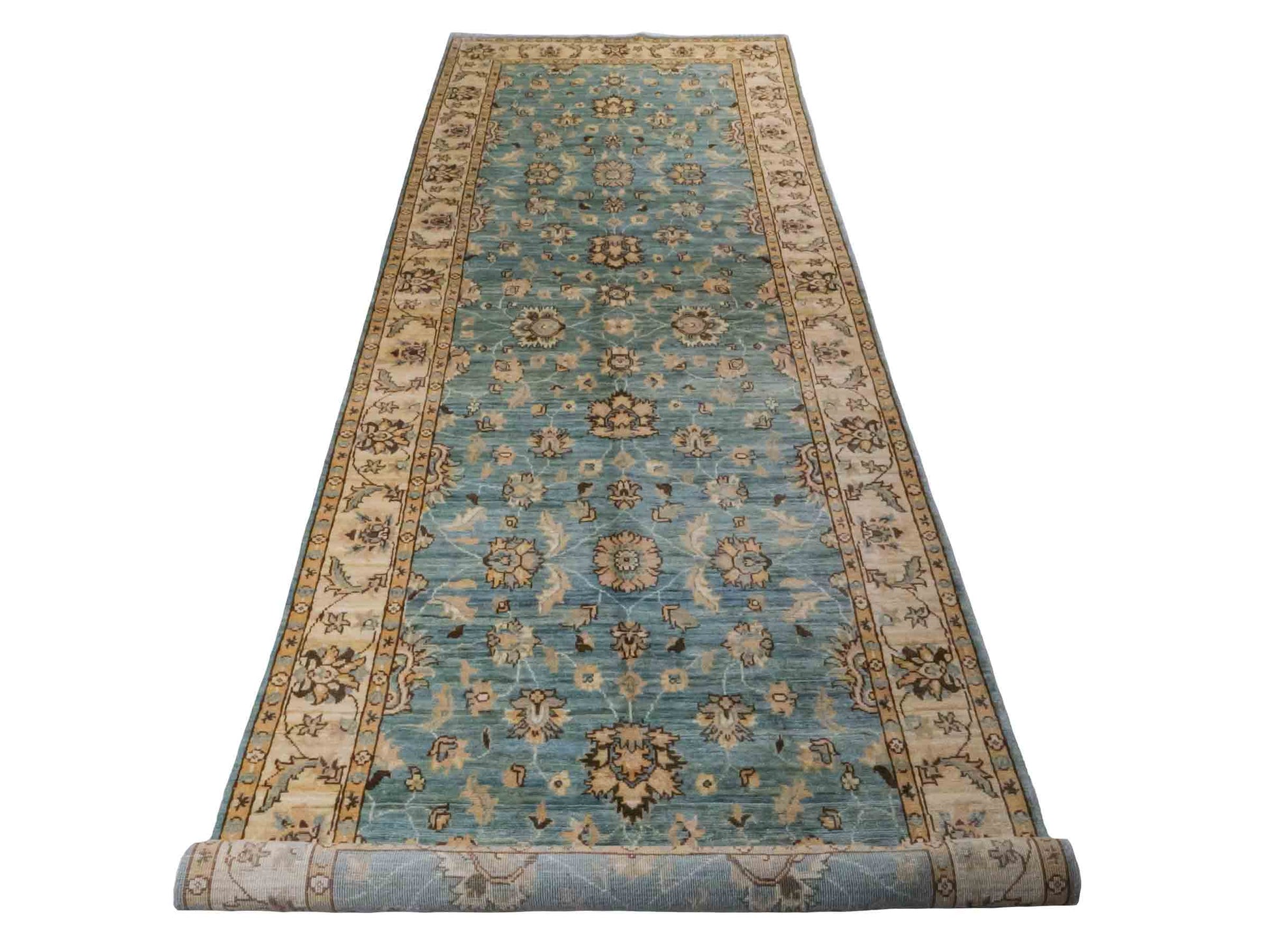 Handgeknüpfter Ziegler Farahan Läufer-Orientteppich von Khademi aus Wolle, blau, beige, gold. Klassisches Allover-Design. Traditionell von Hand geknüpft in Afghanistan. Größe: 338 cm x 121 cm. Teppichnummer: RB3-1031. Verkauf durch Jupiter Intl.