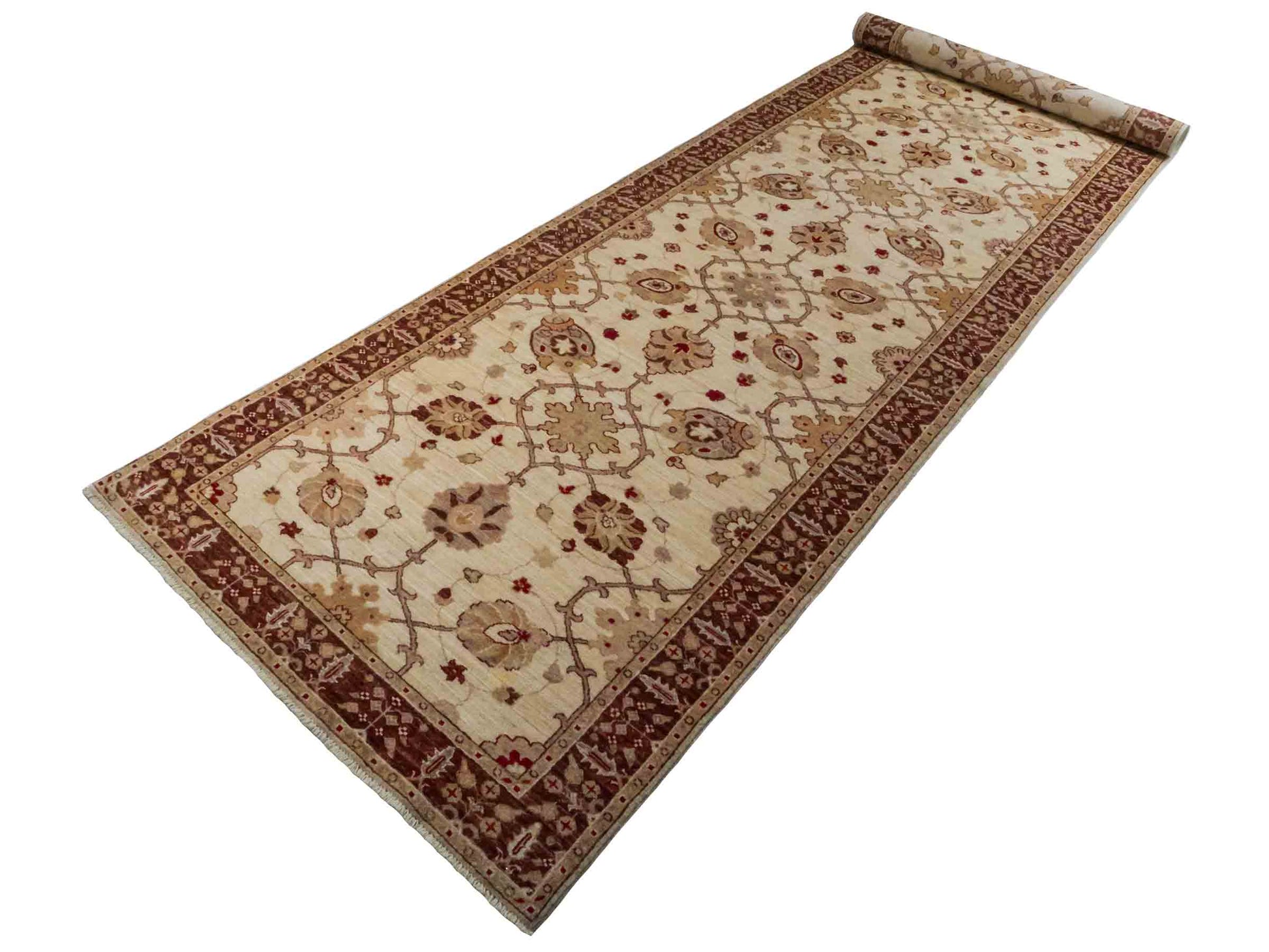 Handgeknüpfter Ziegler Farahan Läufer-Orientteppich von Khademi aus Wolle, rot, beige. Klassisches Allover-Design. Traditionell von Hand geknüpft in Afghanistan. Größe: 440 cm x 126 cm. Teppichnummer: RB3-1028. Verkauf durch Jupiter Intl.