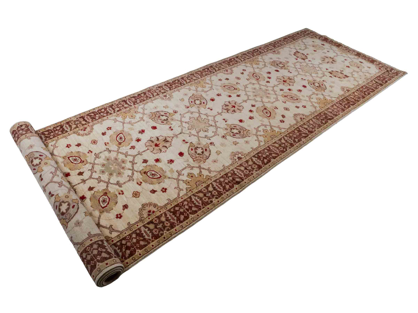 Handgeknüpfter Ziegler Farahan Läufer-Orientteppich von Khademi aus Wolle, rot, beige. Klassisches Allover-Design. Traditionell von Hand geknüpft in Afghanistan. Größe: 440 cm x 126 cm. Teppichnummer: RB3-1028. Verkauf durch Jupiter Intl.