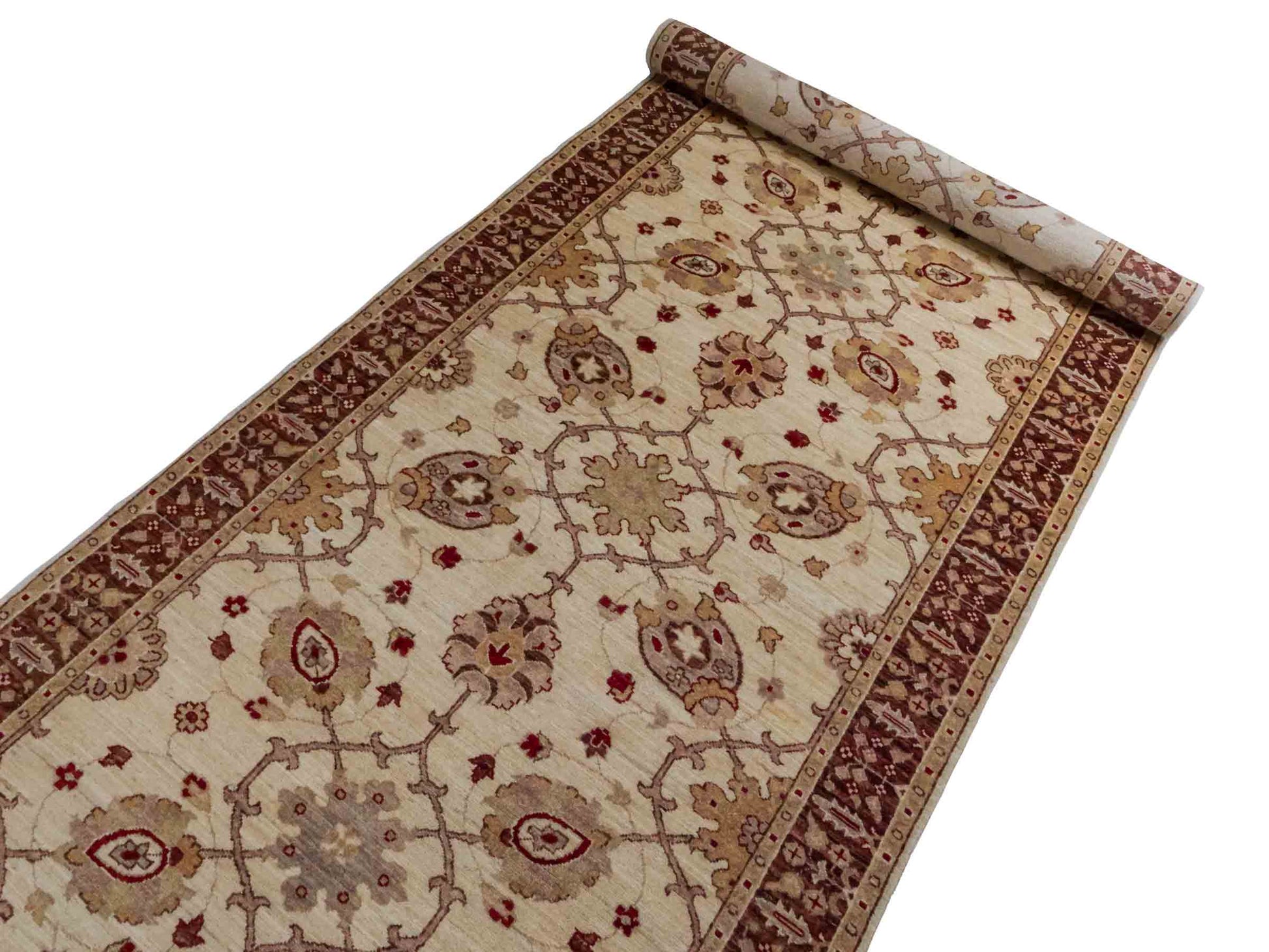 Handgeknüpfter Ziegler Farahan Läufer-Orientteppich von Khademi aus Wolle, rot, beige. Klassisches Allover-Design. Traditionell von Hand geknüpft in Afghanistan. Größe: 440 cm x 126 cm. Teppichnummer: RB3-1028. Verkauf durch Jupiter Intl.
