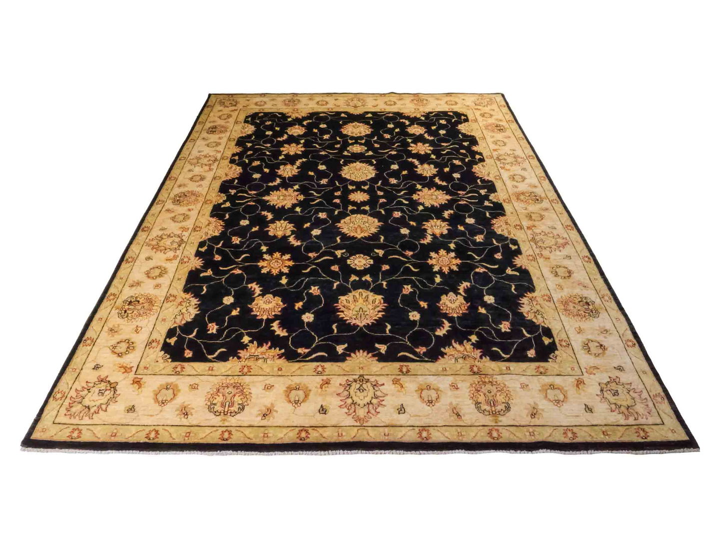 Handgeknüpfter Ziegler Farahan Orientteppich von Khademi aus Wolle, schwarz, gold, beige. Klassisches Allover-Design. Traditionell von Hand geknüpft in Afghanistan. Größe: 284 cm x 219 cm. Teppichnummer: RB3-1055. Verkauf durch Jupiter Intl.