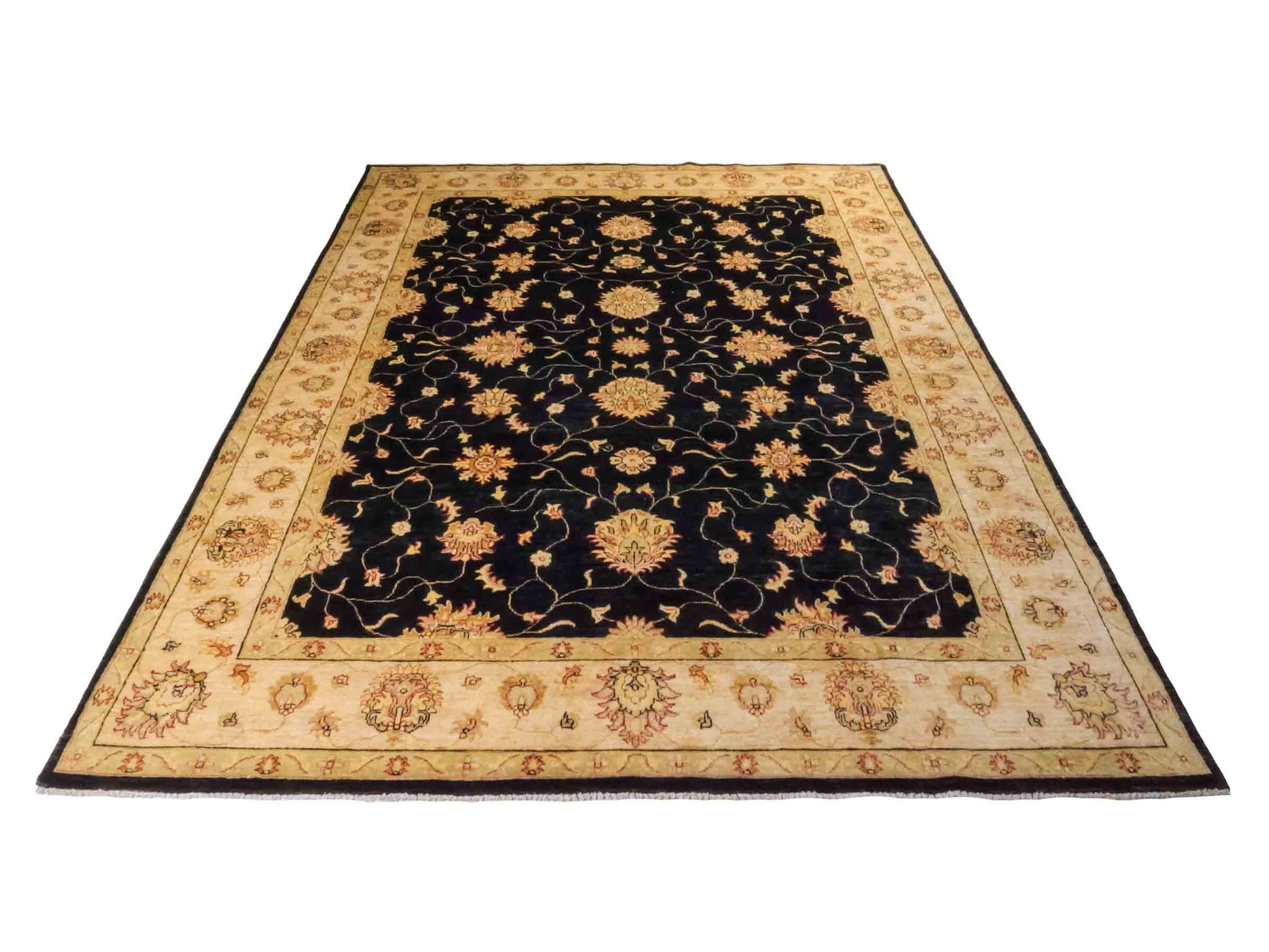 Handgeknüpfter Ziegler Farahan Orientteppich von Khademi aus Wolle, schwarz, gold, beige. Klassisches Allover-Design. Traditionell von Hand geknüpft in Afghanistan. Größe: 284 cm x 219 cm. Teppichnummer: RB3-1055. Verkauf durch Jupiter Intl.