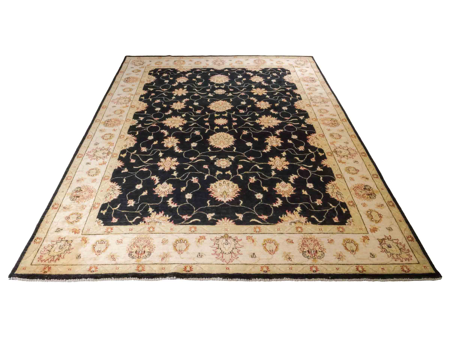 Handgeknüpfter Ziegler Farahan Orientteppich von Khademi aus Wolle, schwarz, gold, beige. Klassisches Allover-Design. Traditionell von Hand geknüpft in Afghanistan. Größe: 284 cm x 219 cm. Teppichnummer: RB3-1055. Verkauf durch Jupiter Intl.
