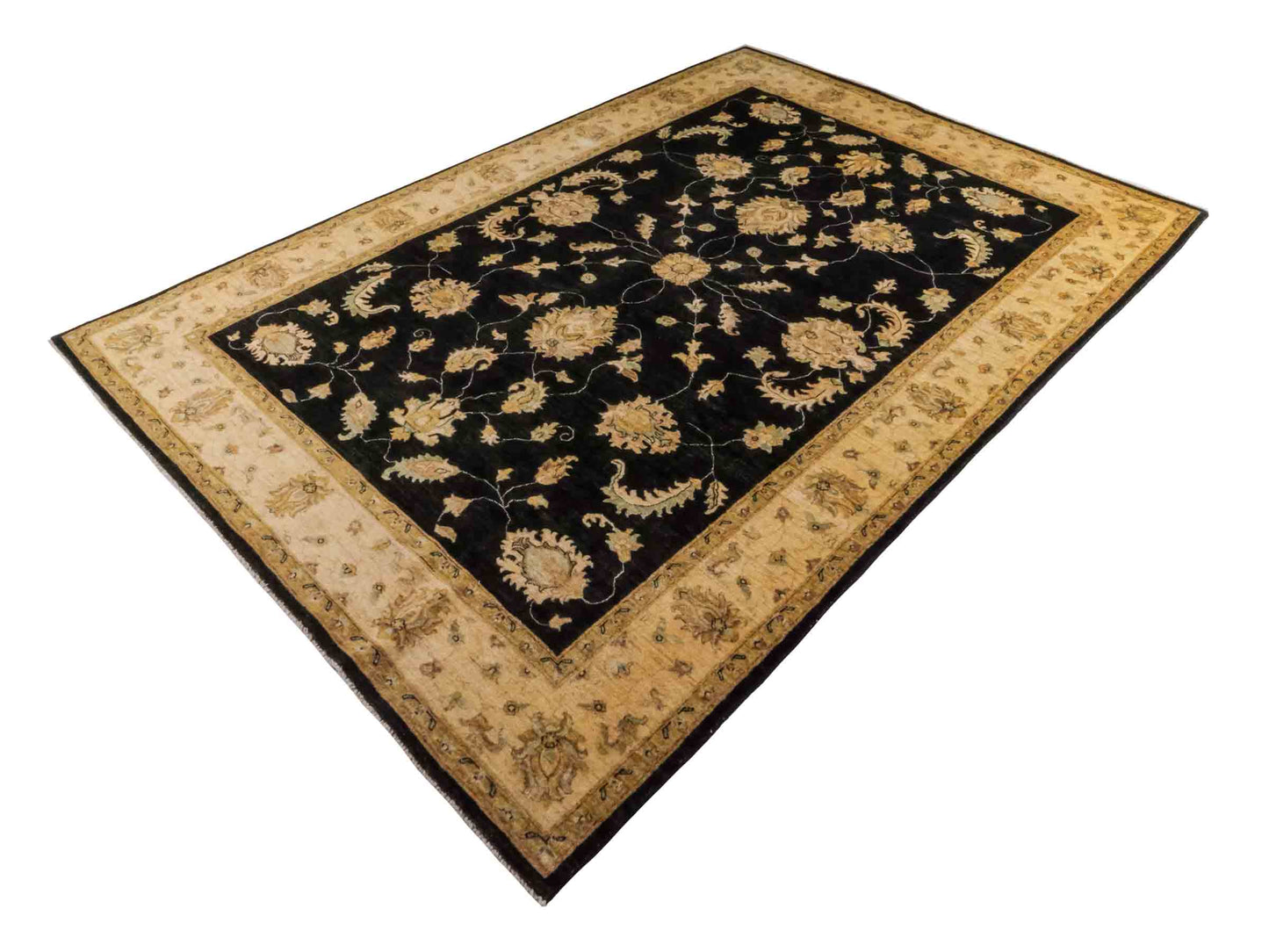 Handgeknüpfter Ziegler Farahan Orientteppich von Khademi aus Wolle, schwarz, gold, beige. Klassisches Allover-Design. Traditionell von Hand geknüpft in Afghanistan. Größe: 296 cm x 202 cm. Teppichnummer: RB3-1040. Verkauf durch Jupiter Intl.