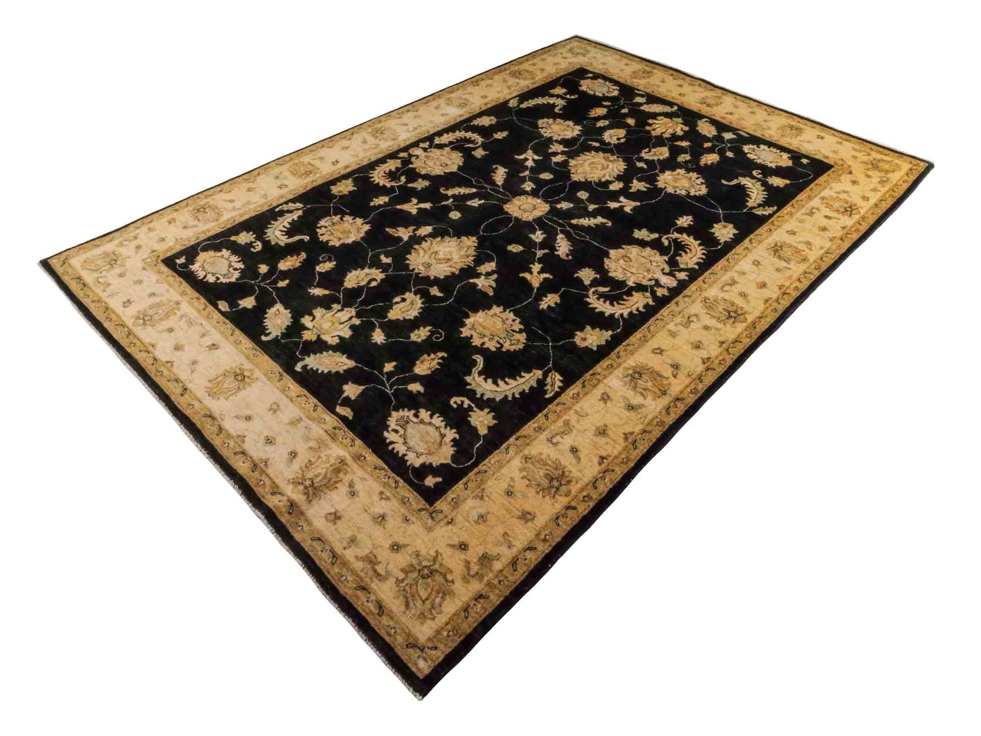Handgeknüpfter Ziegler Farahan Orientteppich von Khademi aus Wolle, schwarz, gold, beige. Klassisches Allover-Design. Traditionell von Hand geknüpft in Afghanistan. Größe: 296 cm x 202 cm. Teppichnummer: RB3-1040. Verkauf durch Jupiter Intl.
